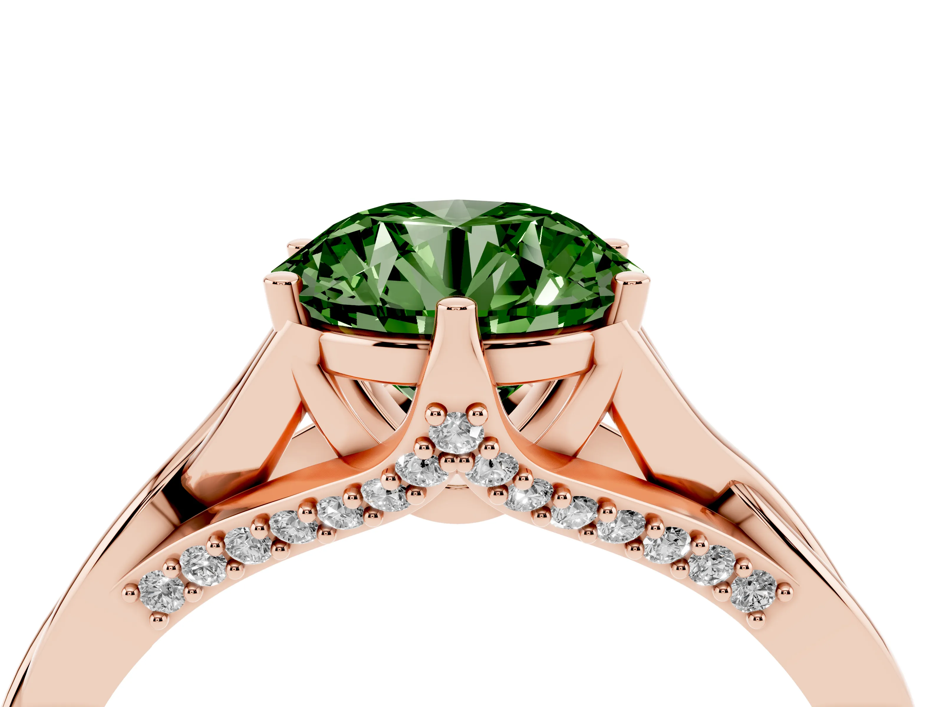 Fancy Green Round Cut Diamond Intertwined Twist Band Solitaire Ring Set in Rose gold with Prong Setting