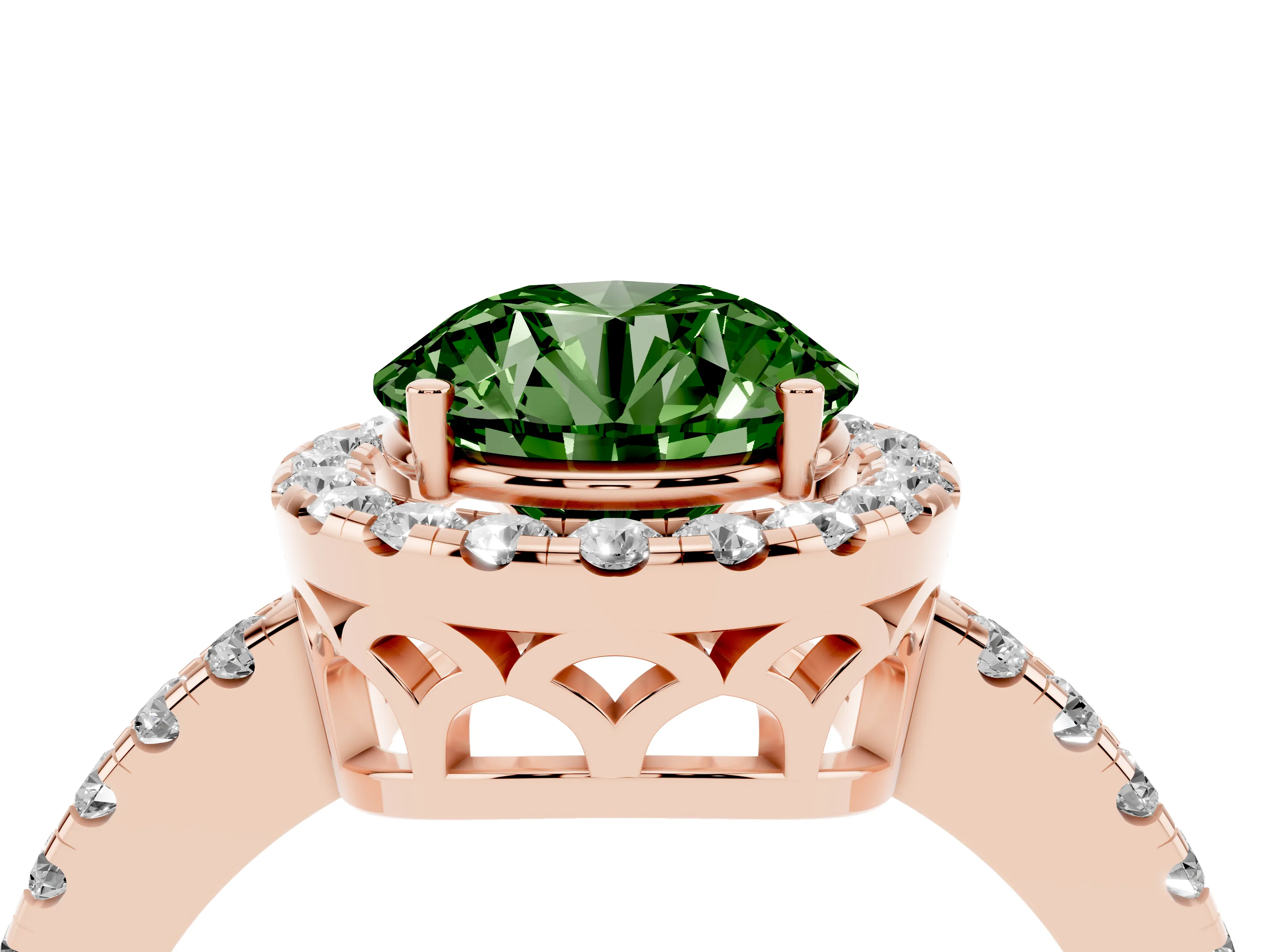 Fancy Green Round Cut Diamond Pavé Band Halo Engagement Ring Set in Rose gold with Prong Setting