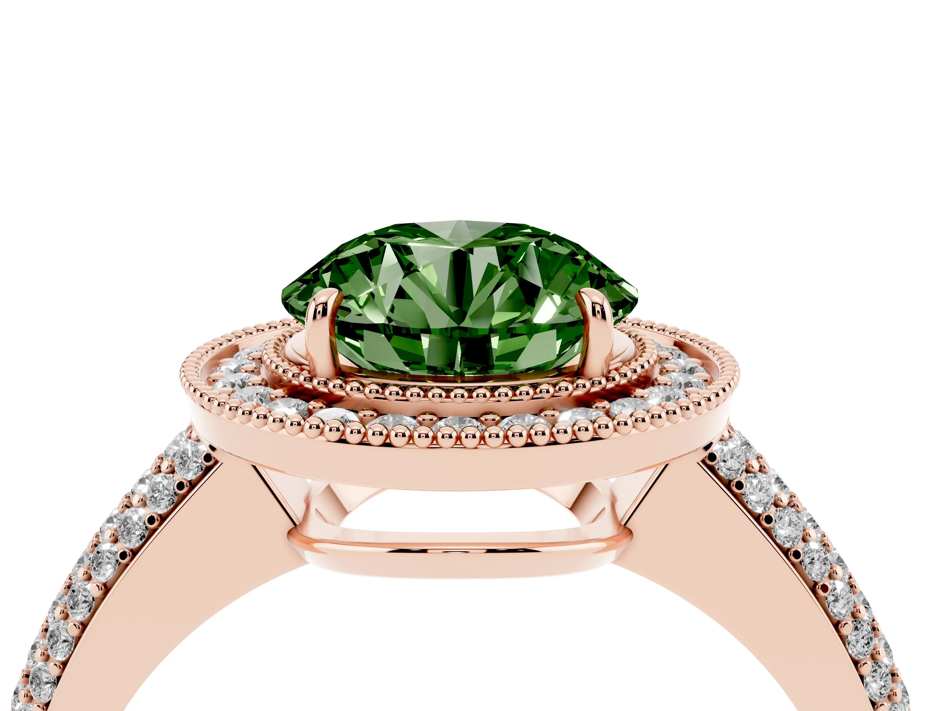 Fancy Green Round Cut Diamond Halo Pavé Band Set in Rose gold with Prong Setting