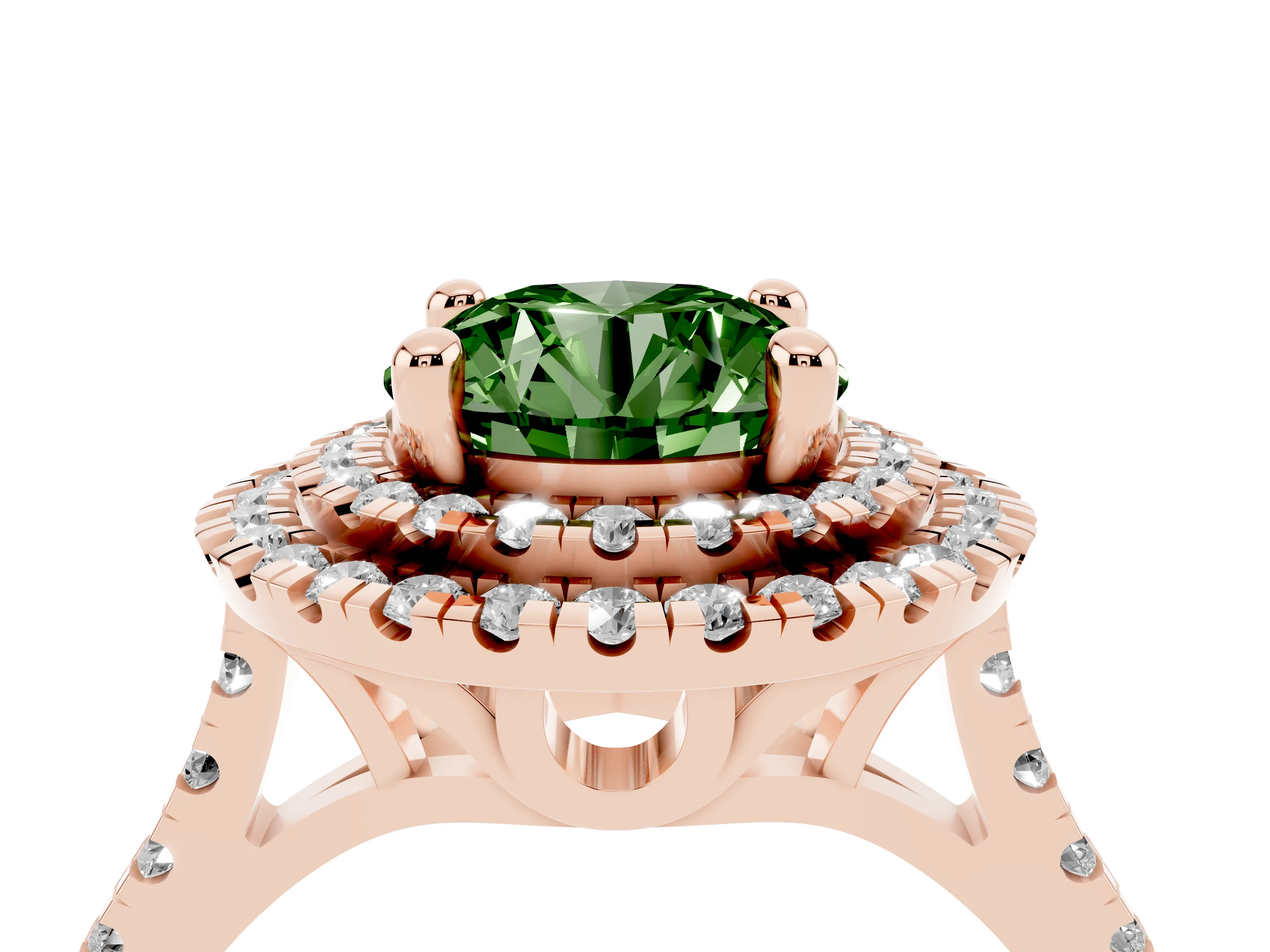 Fancy Green Round Cut Diamond Double Halo Statement Ring Set in Rose gold with Pavé Band
