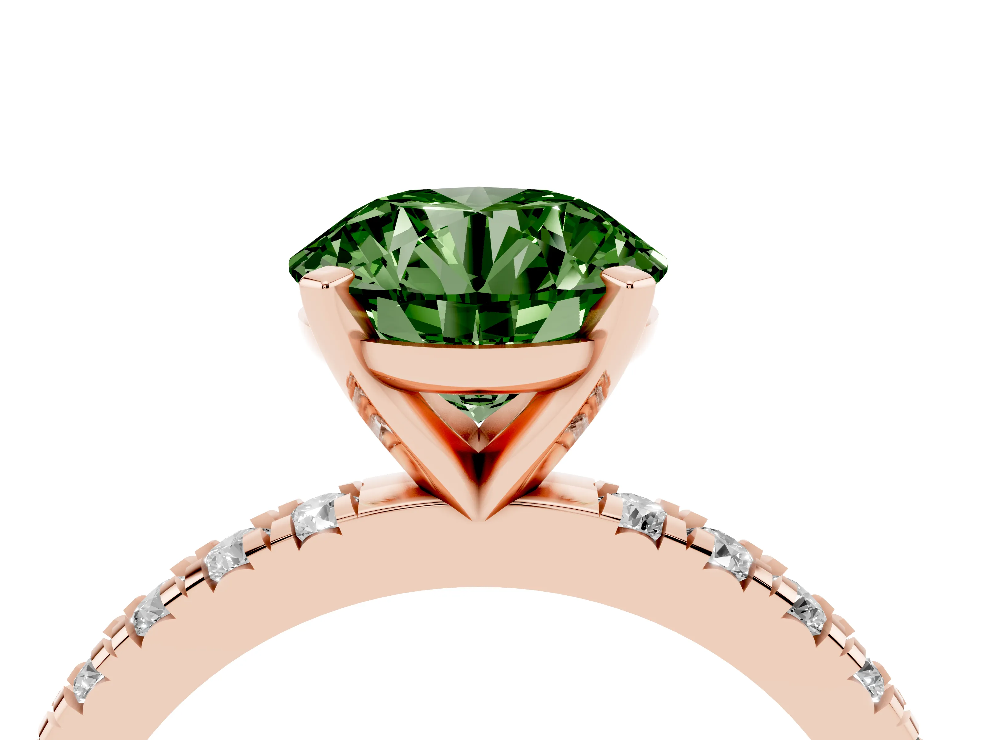 Fancy Green Round Cut Diamond Pavé Band Solitaire Set in Rose gold with Prong Setting
