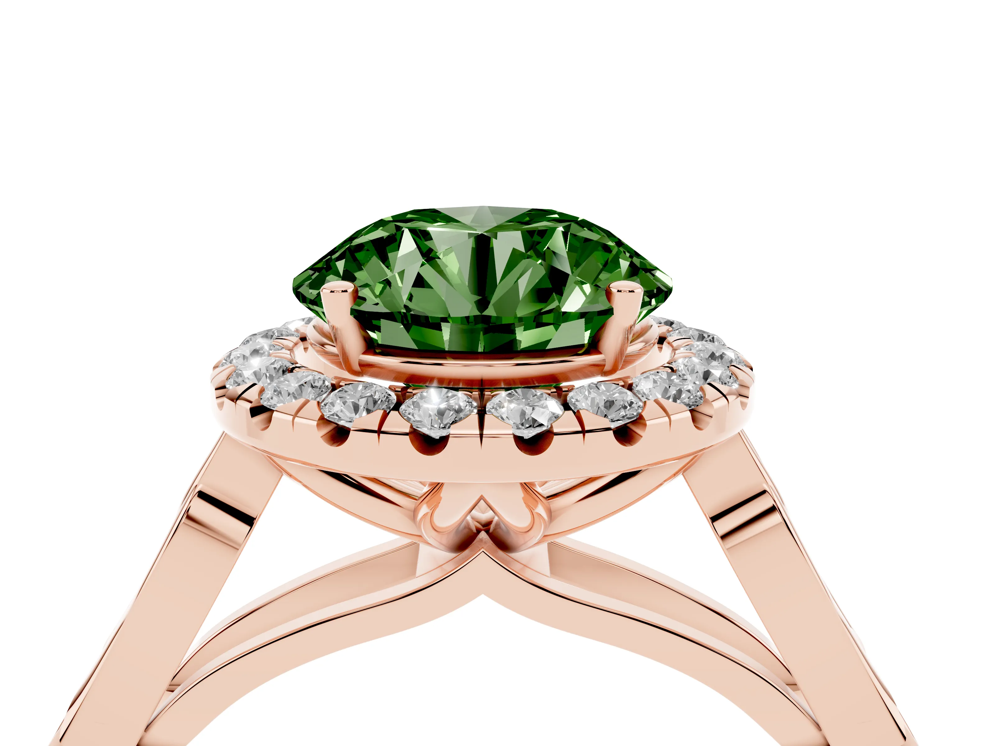 Fancy Green Round Cut Diamond Halo Engagement Ring Set in Rose gold with Filigree Band and Prong-Set Center