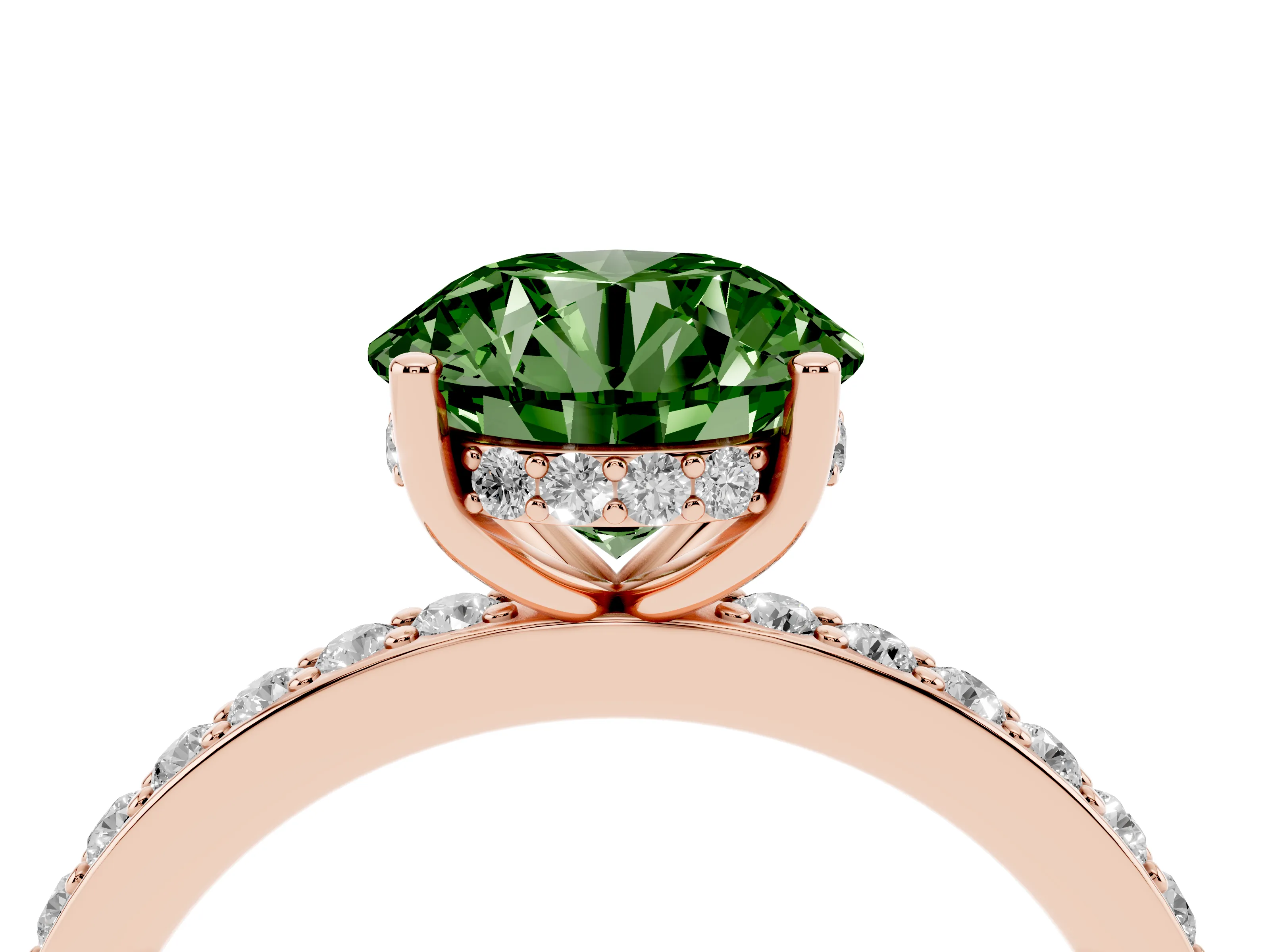 Fancy Green Round Cut Diamond Pavé Band Ring Set in Rose gold with Prong-Set Center Stone