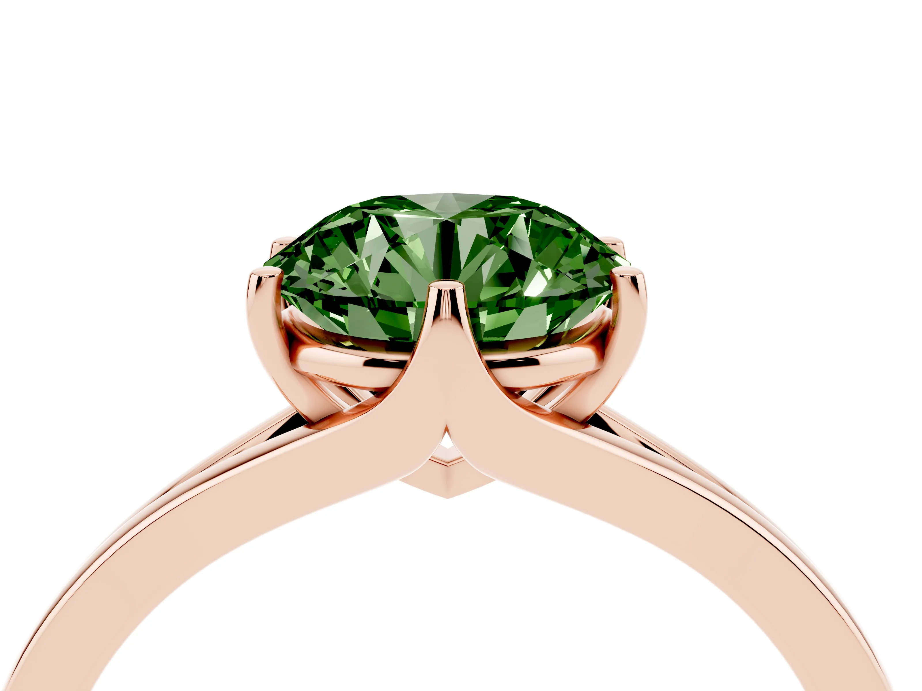 Fancy Green Round Cut Diamond Solitaire Ring Set in Rose gold with Polished Tapered Band and Prong Setting