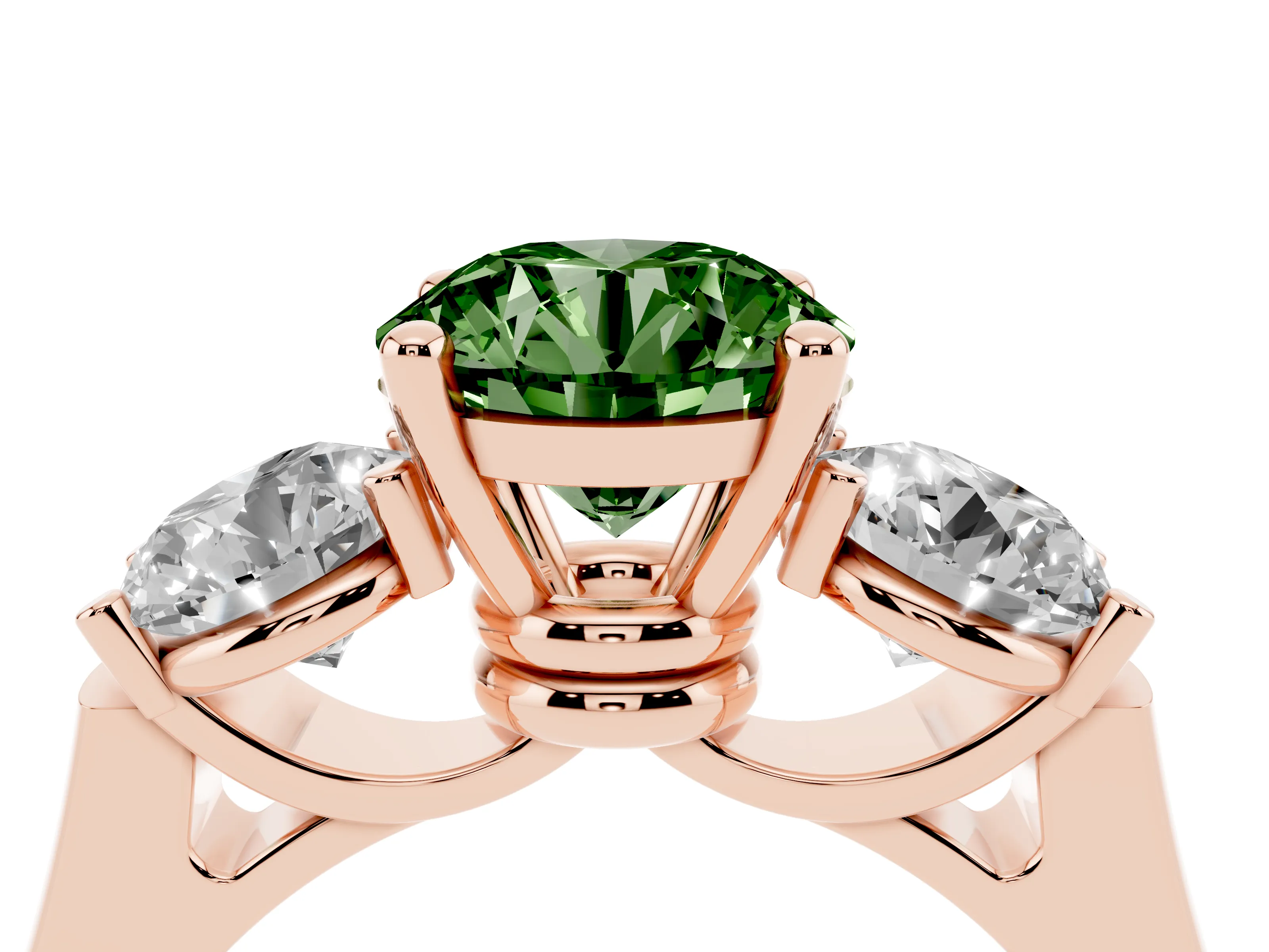 Fancy Green Round Cut Diamond Three-Stone Trellis Ring Set in Rose gold with Comfort Fit Band