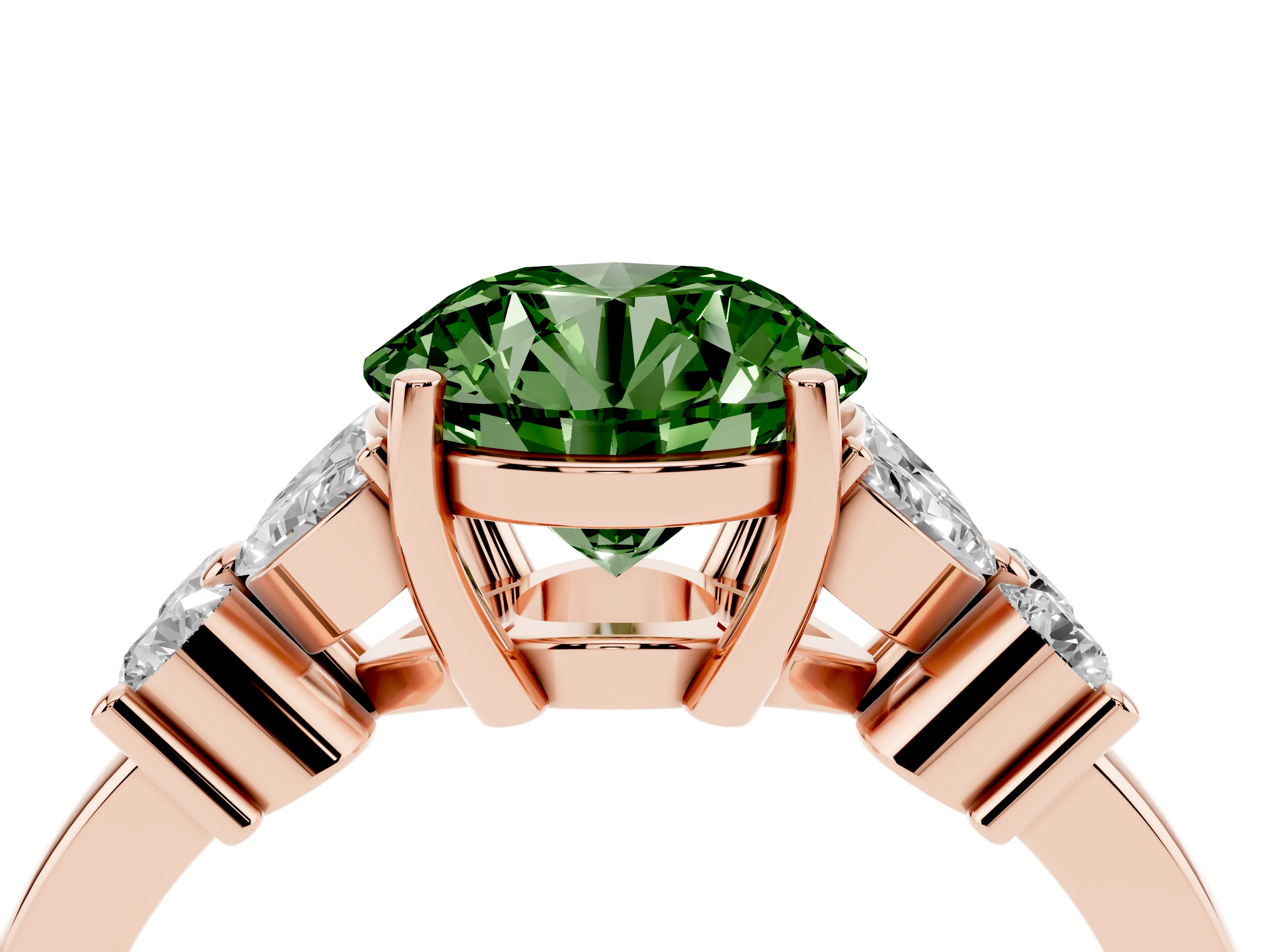 Fancy Green Round Cut Diamond Floral Cluster Ring Set in Rose gold with Marquise Petals and Prong Setting