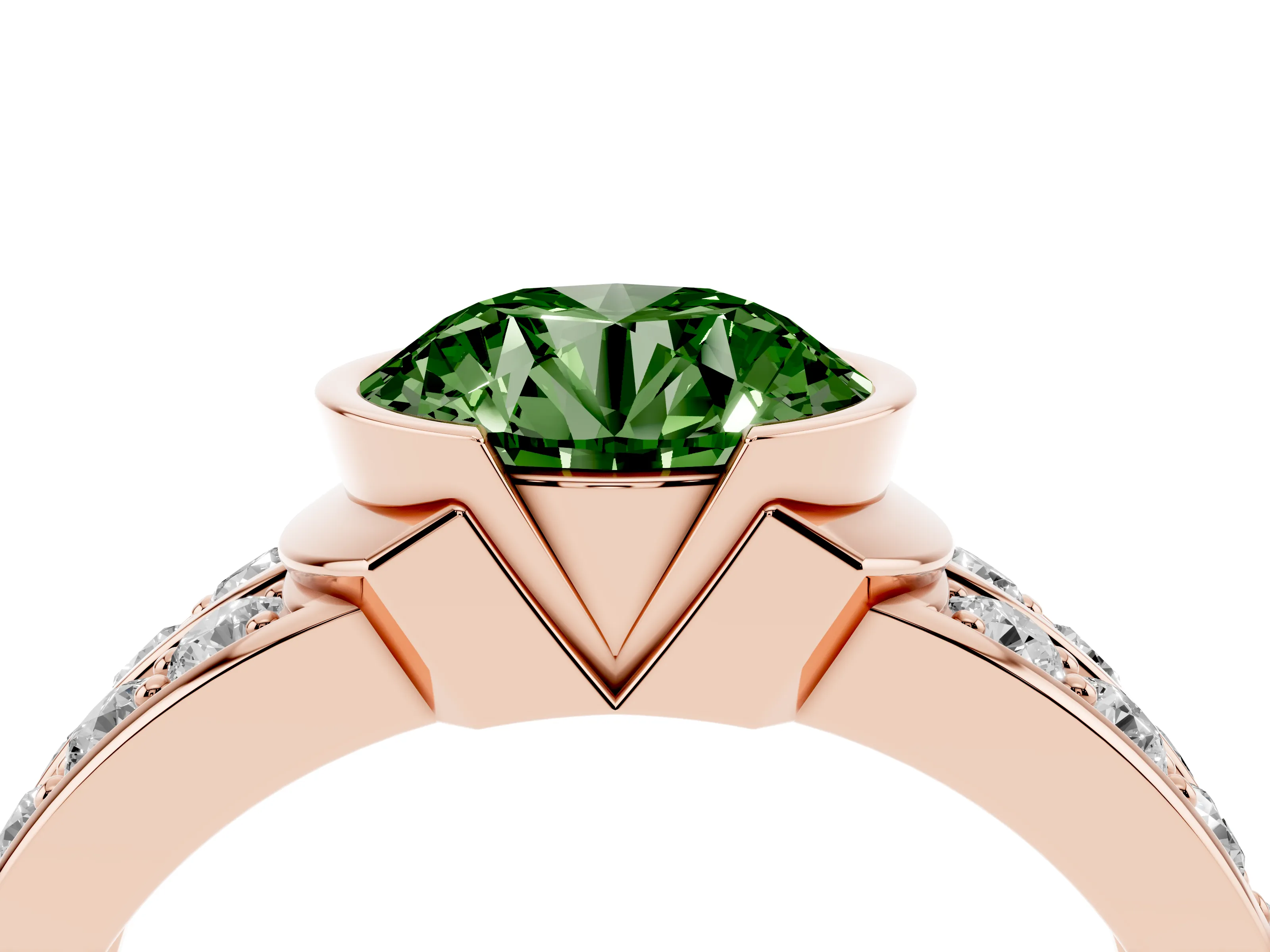 Fancy Green Round Cut Diamond Wide Channel Set Band Ring Set in Rose gold with Bezel Setting