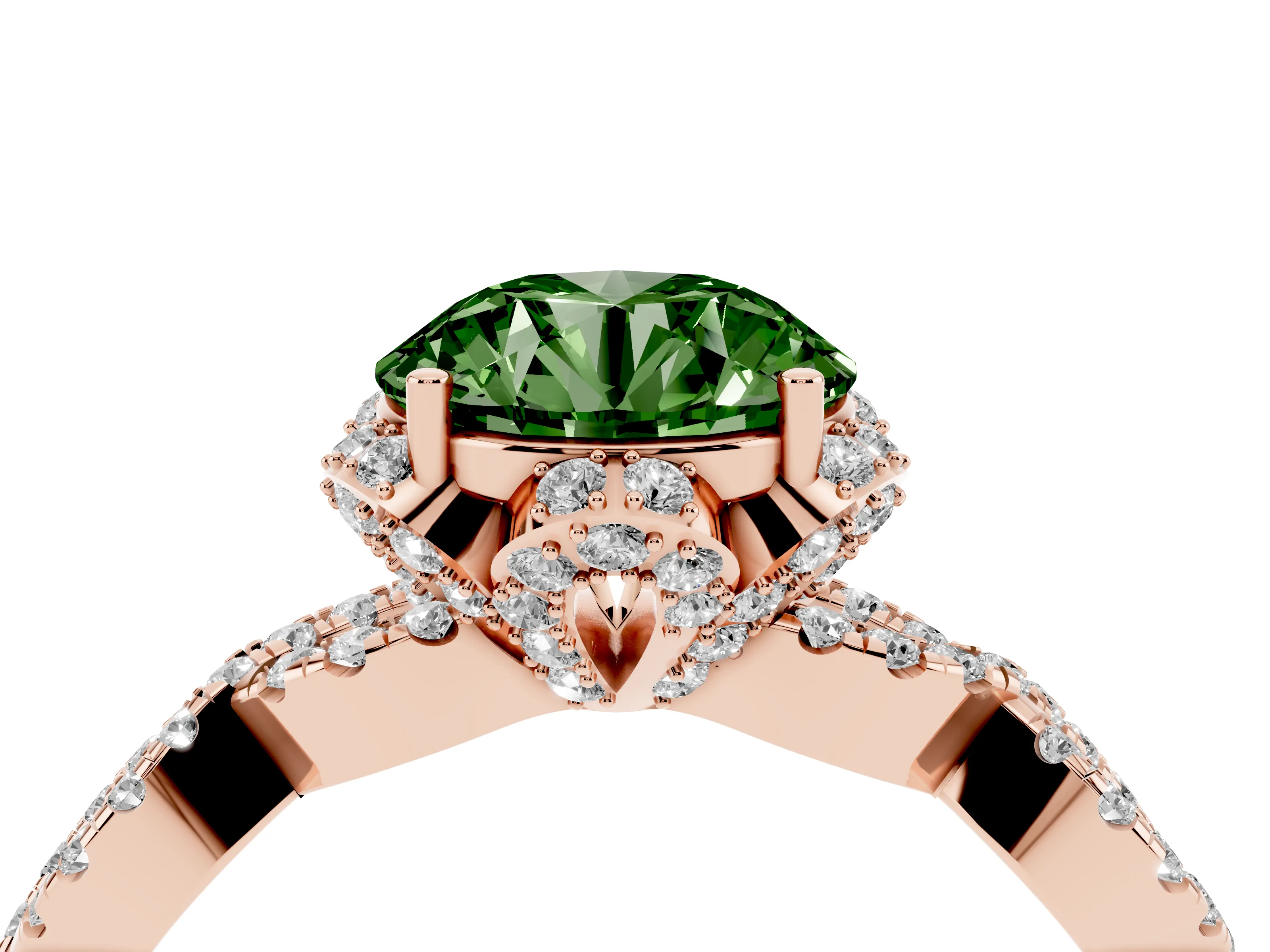 Fancy Green Round Cut Diamond Halo Twist Band Solitaire Ring Set in Rose gold with Prong-Set Center Stone