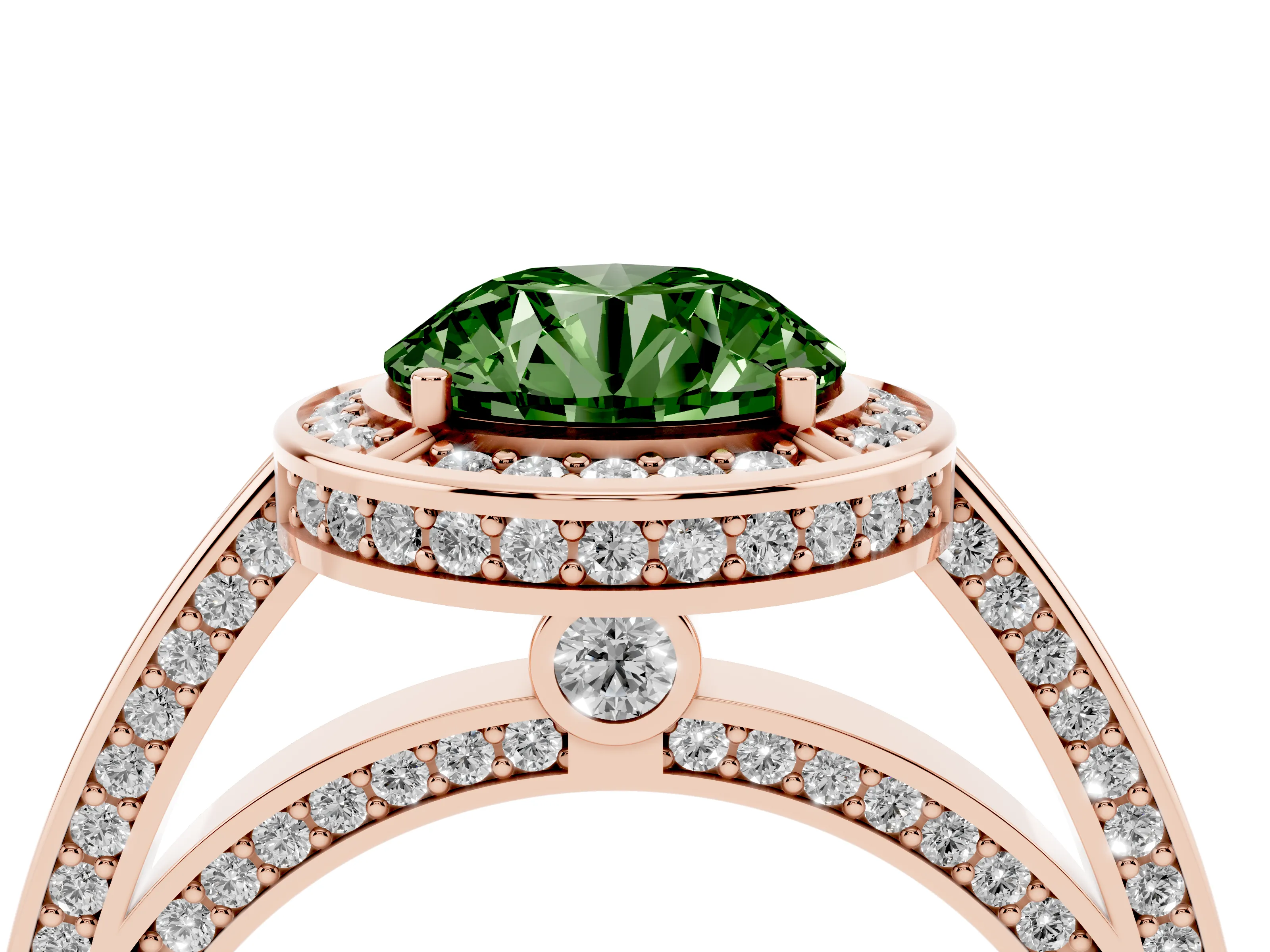 Fancy Green Round Cut Diamond Halo Pavé Split Shank Ring Set in Rose gold with Prong Setting