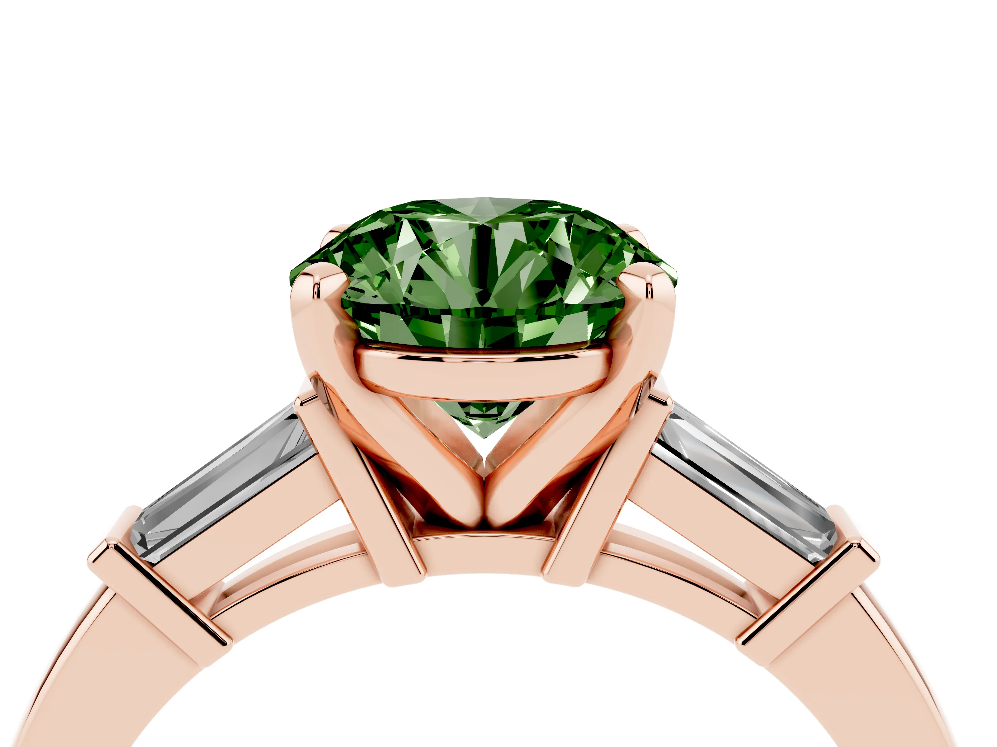 Fancy Green Round Cut Diamond Solitaire Ring Set in Rose gold with Tapered Baguette Accents and Prong Setting
