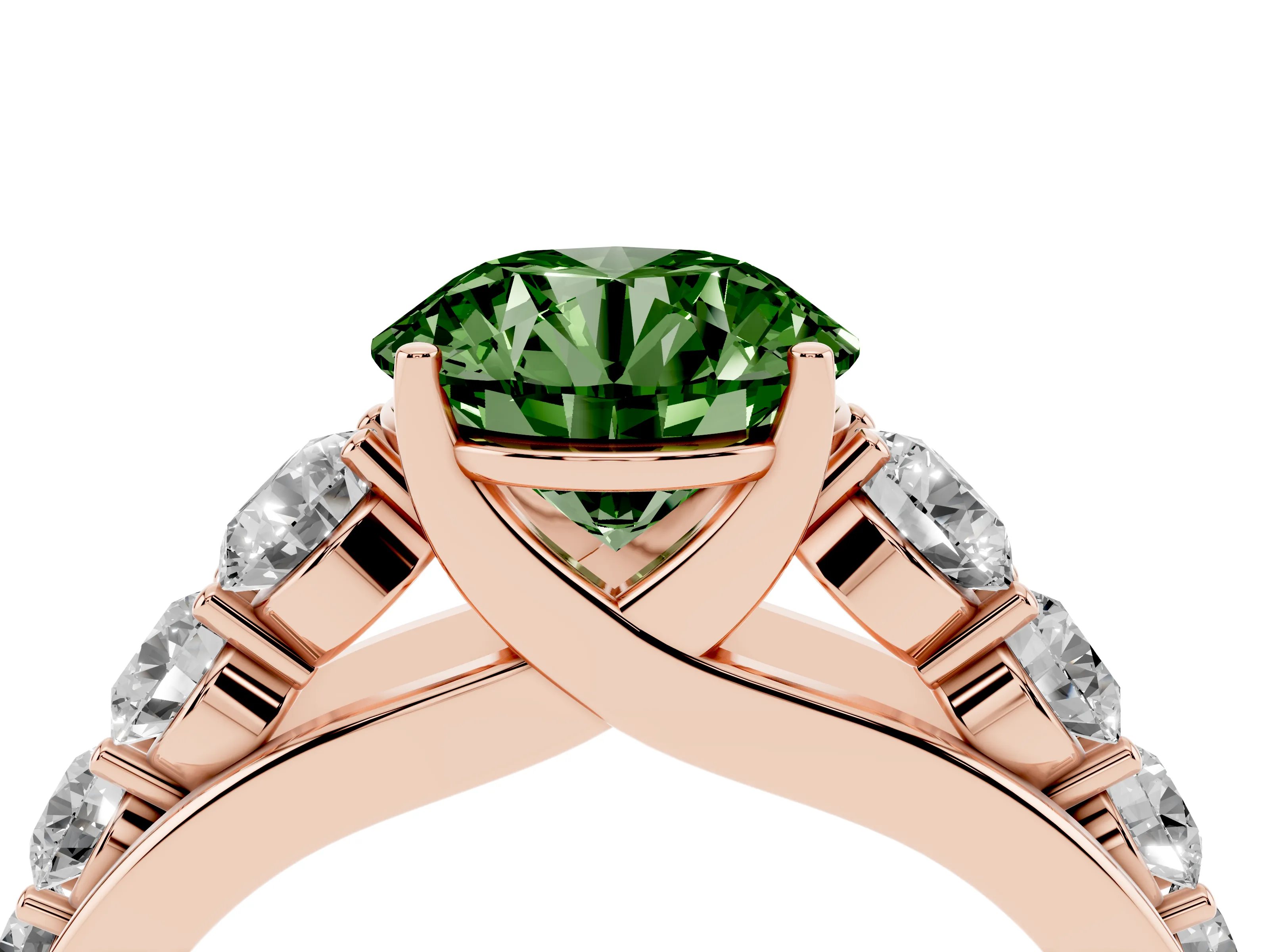 Fancy Green Round Cut Diamond Solitaire Ring Set in Rose gold with Pavé-Set Band and Prong Setting