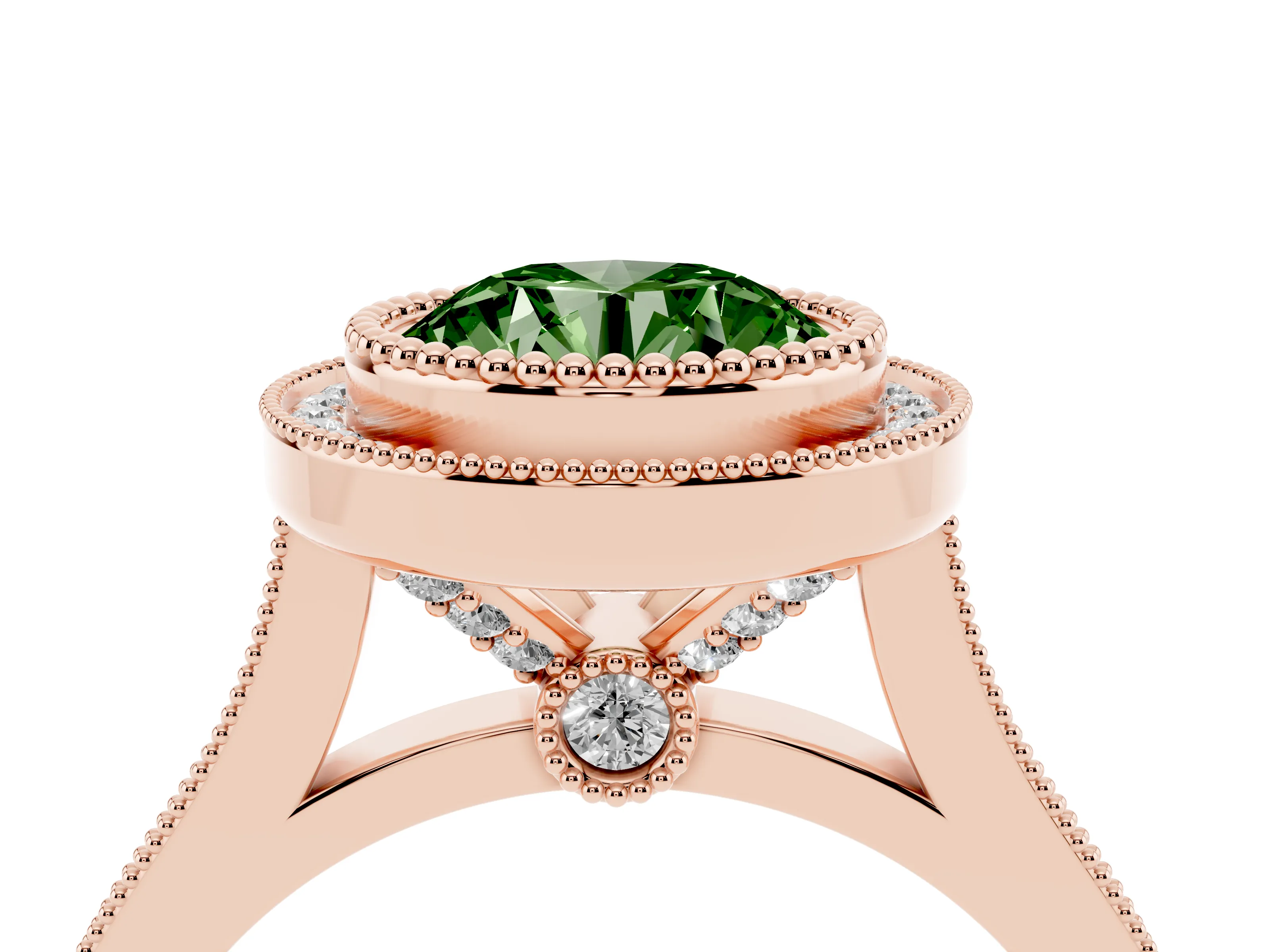 Fancy Green Round Cut Diamond Halo Ring Set in Rose gold with Milgrain Frame and Pavé Band