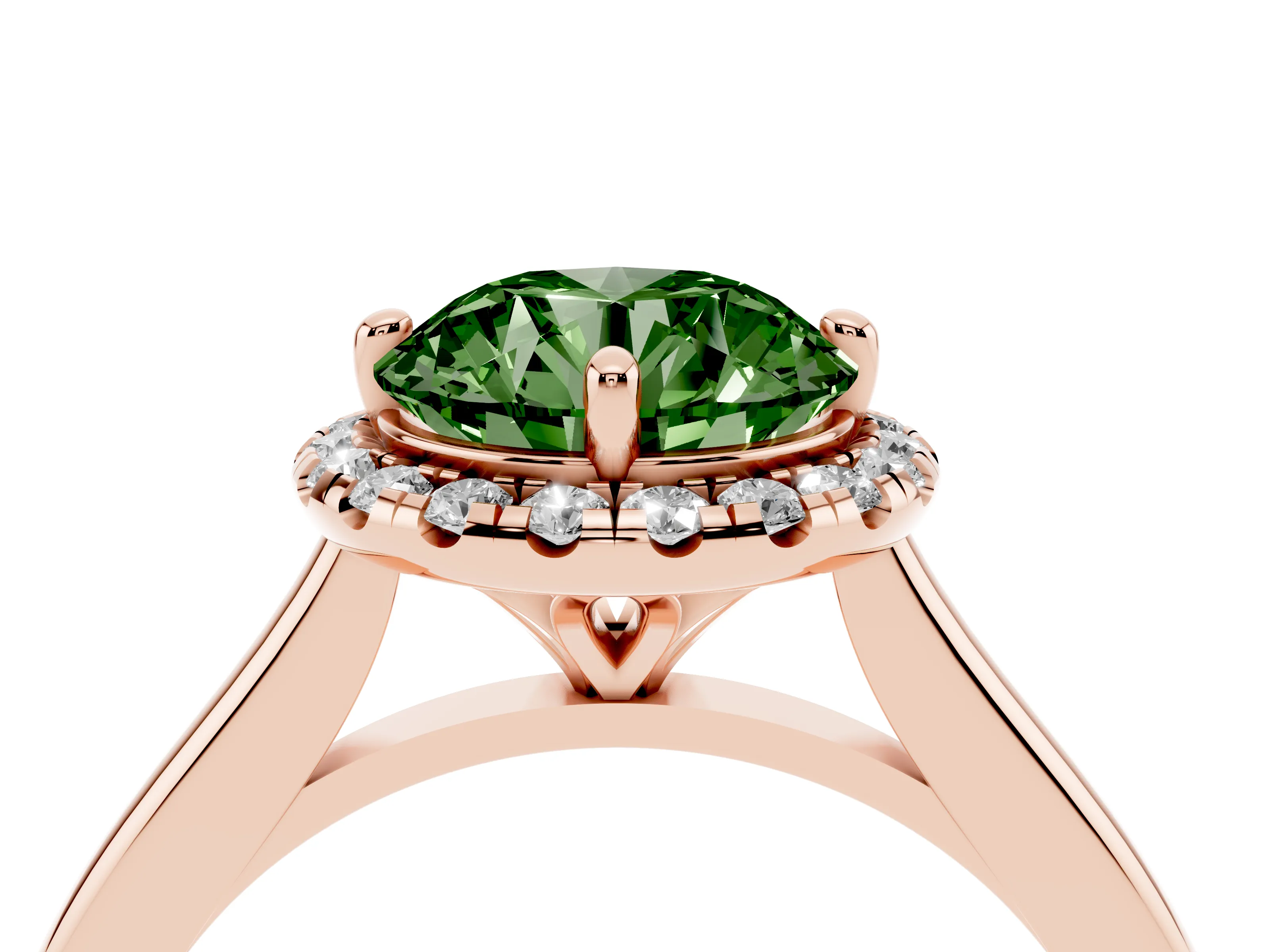 Fancy Green Round Cut Diamond Halo Engagement Ring Set in Rose gold with Pavé Band and Rising Shoulders