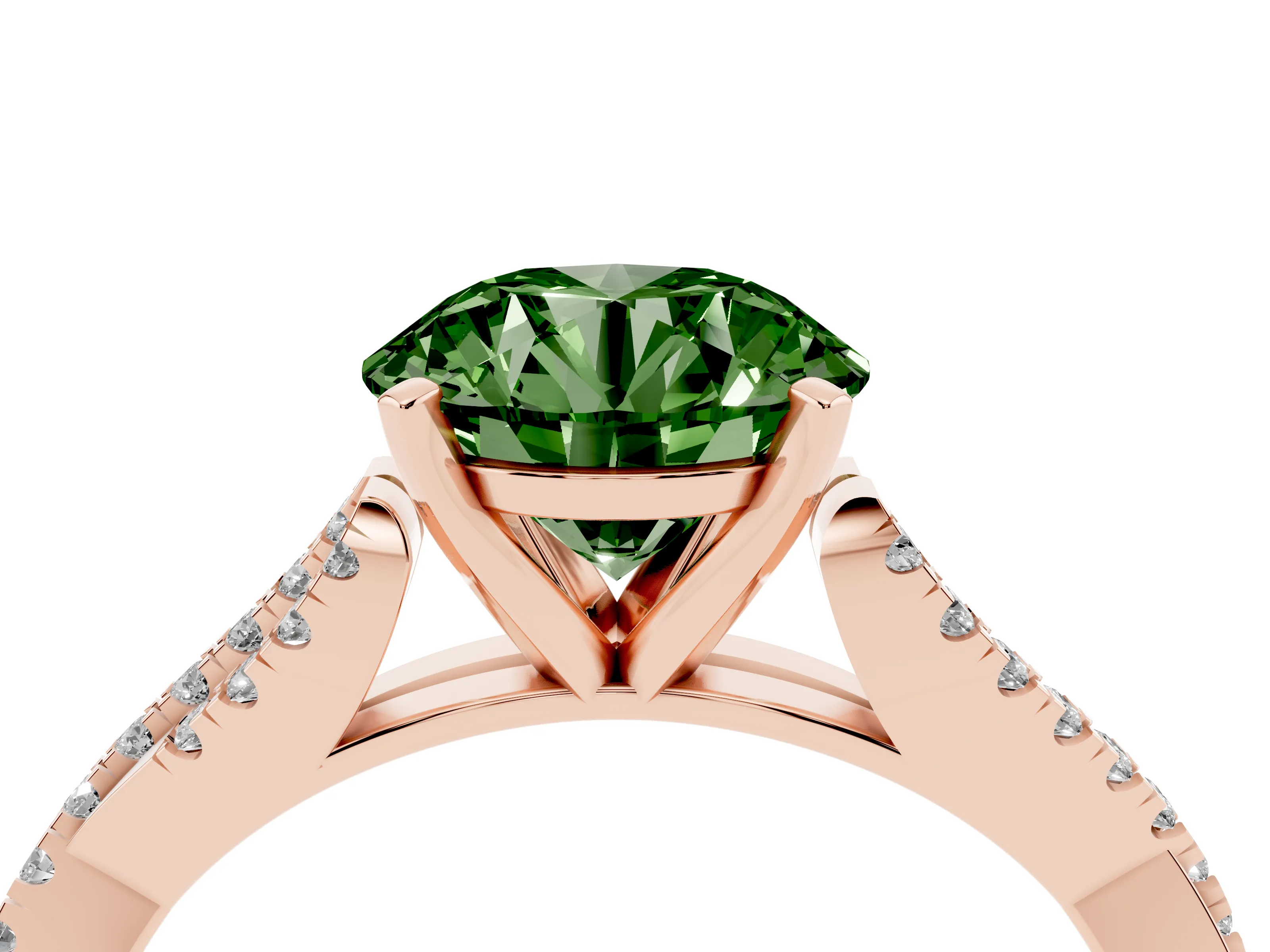 Fancy Green Round Cut Diamond Solitaire Engagement Ring Set in Rose gold with Twisted Pavé Band and Prong Setting