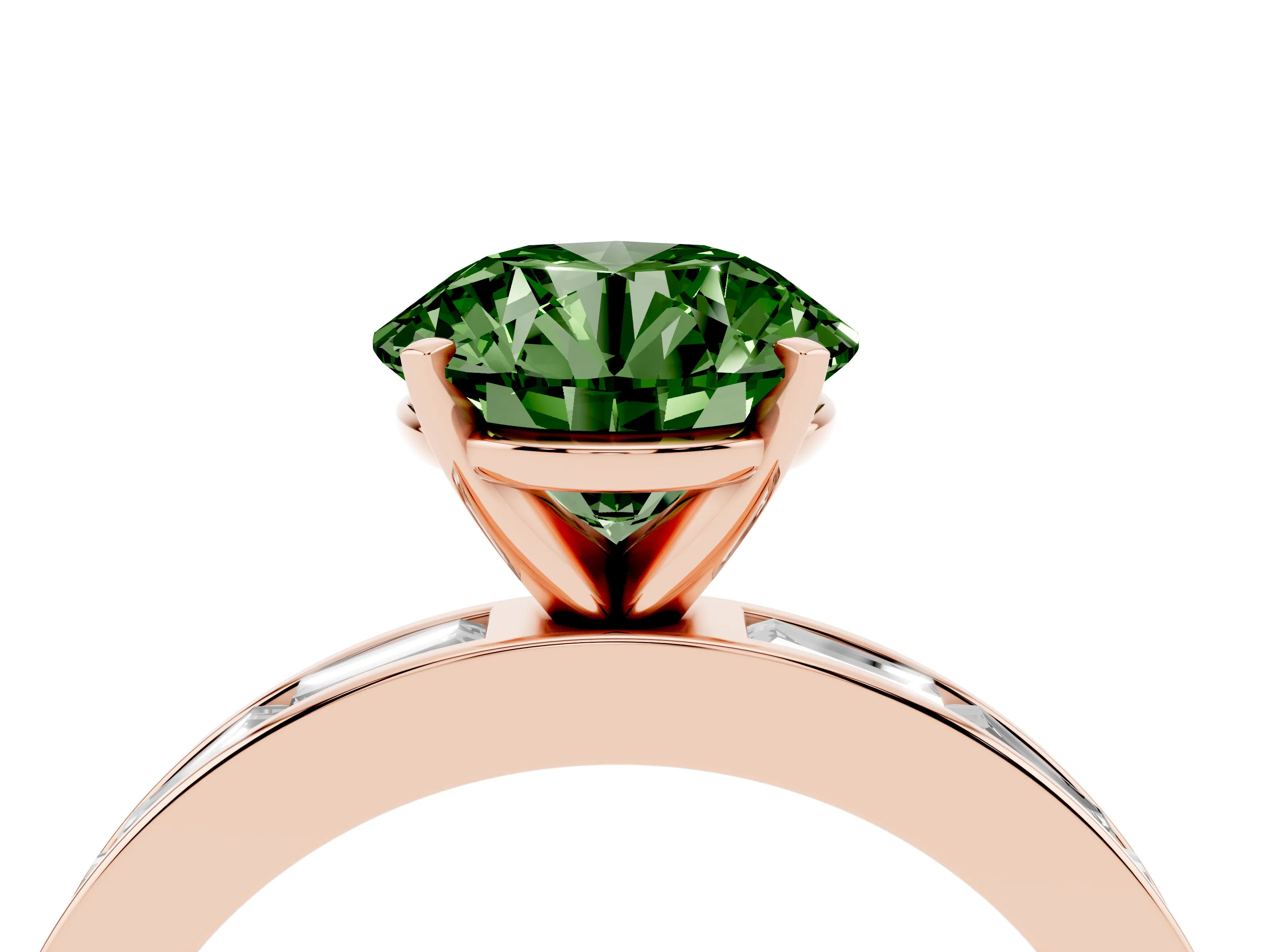 Fancy Green Round Cut Diamond Solitaire Ring Set in Rose gold with Channel-Set Baguette Band and Prong Setting