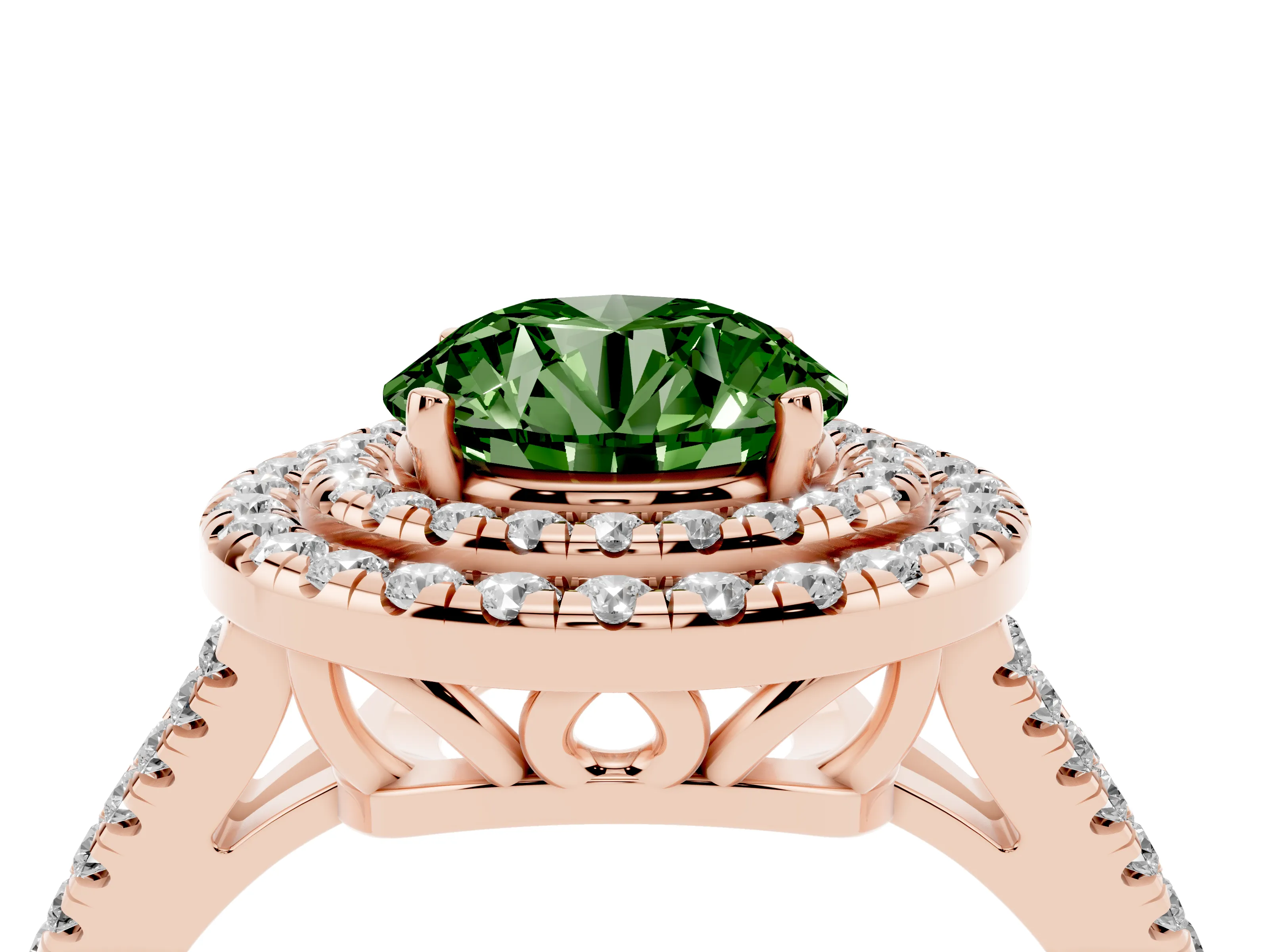 Fancy Green Round Cut Diamond Double Halo Ring Set in Rose gold with Pavé Band