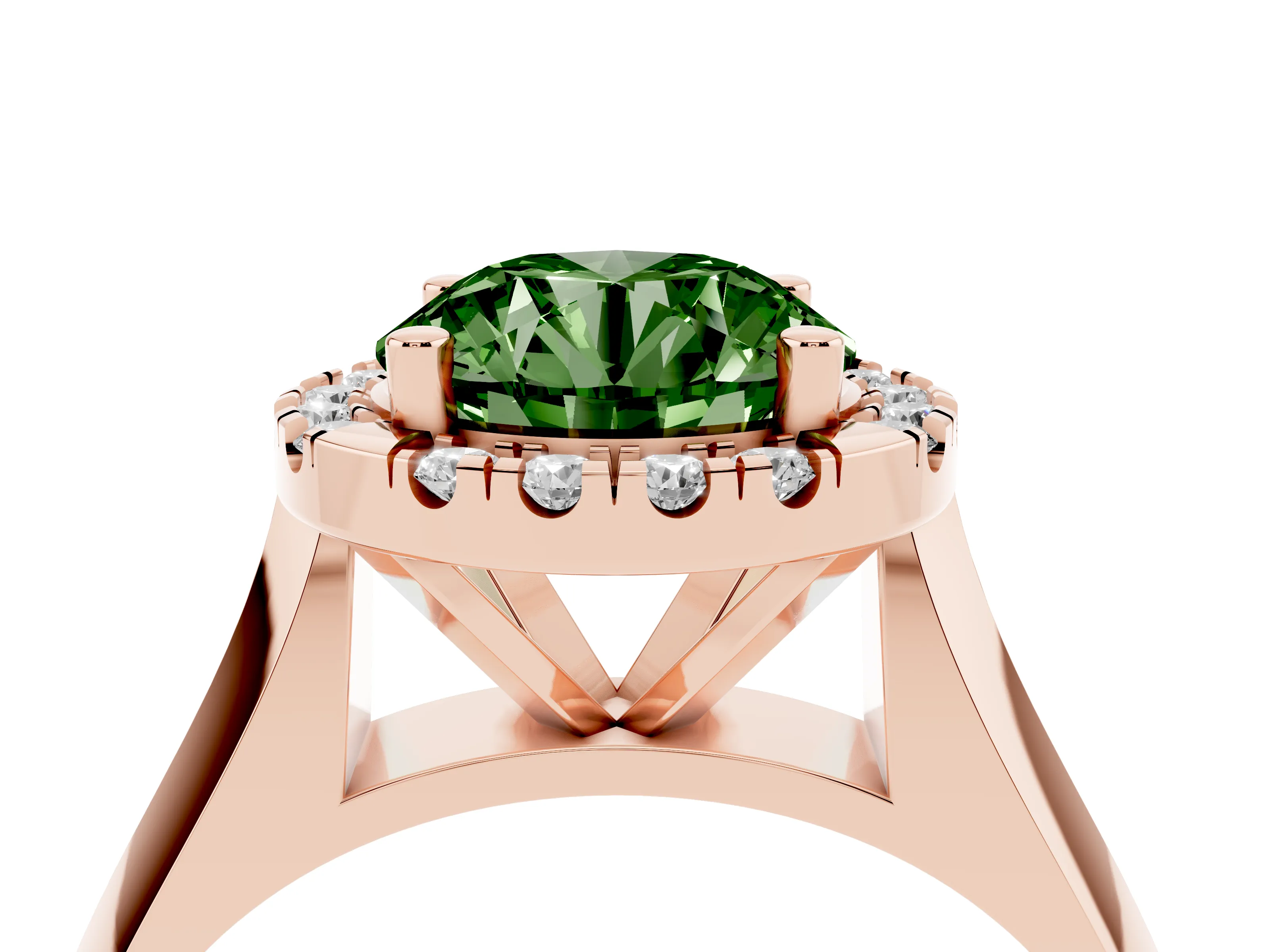 Fancy Green Round Cut Diamond Halo Solitaire Engagement Ring Set in Rose gold with Square Band and Prong Setting