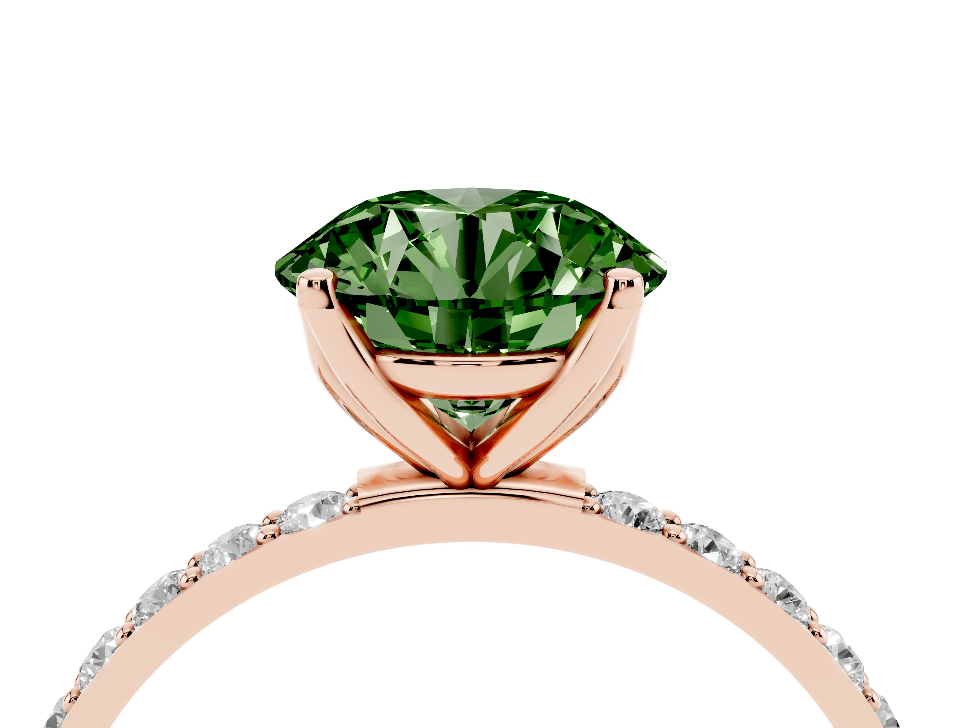 Fancy Green Round Cut Diamond Solitaire Engagement Ring Set in Rose gold with Round Pavé Band and Prong Setting