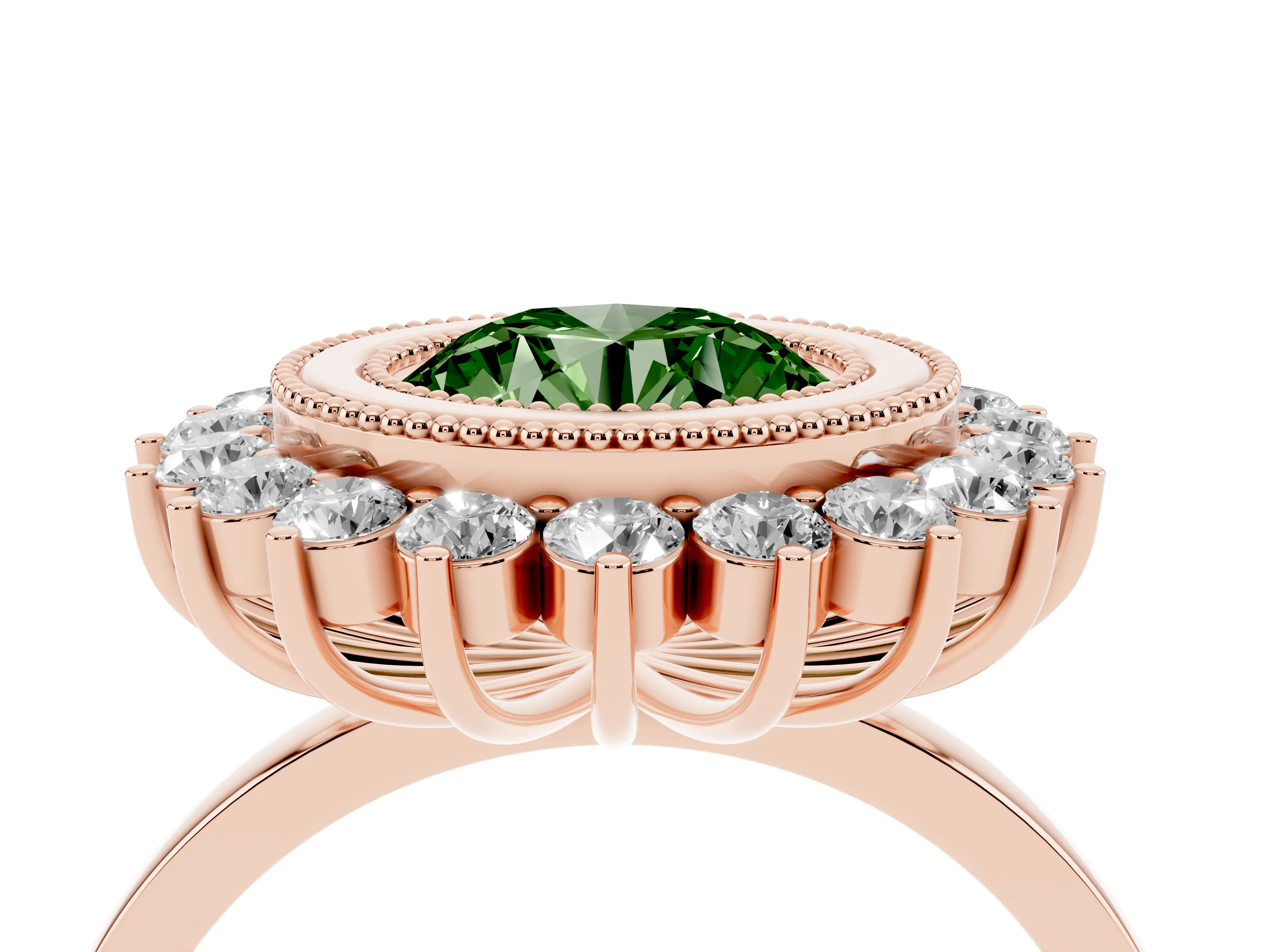 Fancy Green Round Cut Diamond Halo Ring Set in Rose gold with Milgrain Edge and Round Prong Setting