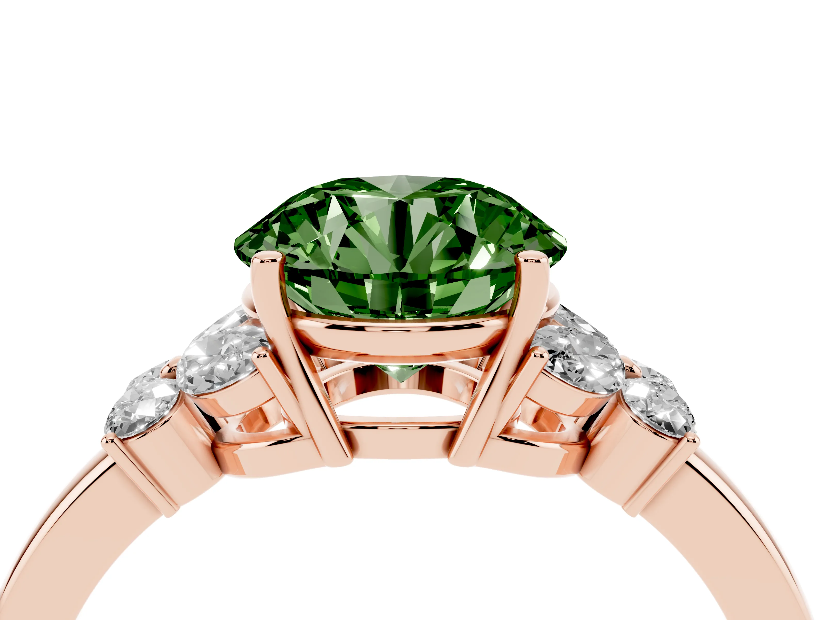Fancy Green Round Cut Diamond Solitaire Floral Ring Set in Rose gold with Marquise Petals and Prong Setting