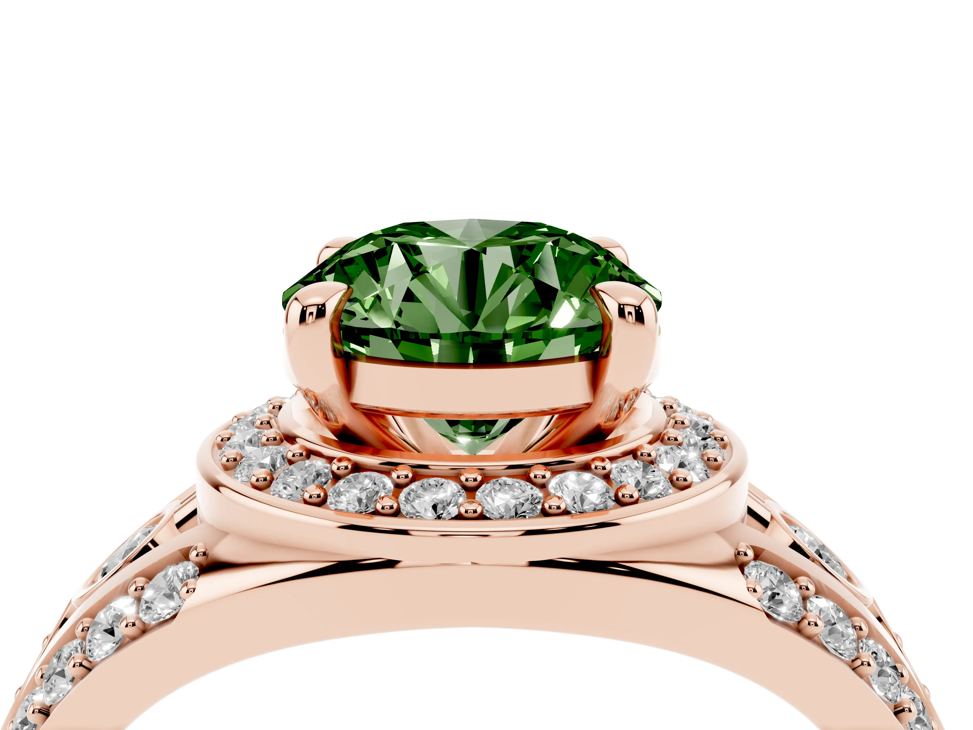 Fancy Green Round Cut Diamond Halo Ring Set in Rose gold with Pavé Split Shank and Bezel Accents