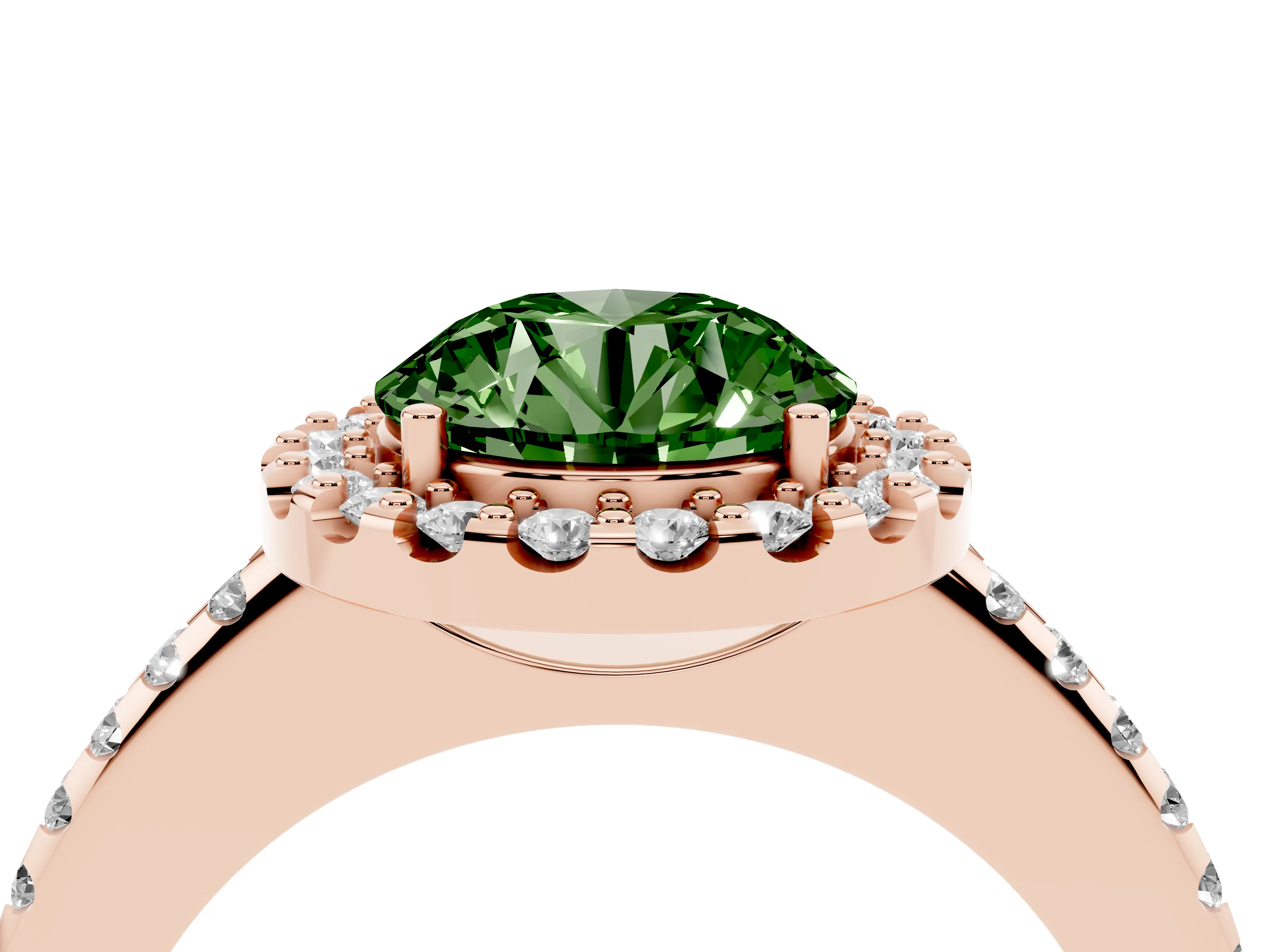 Round Pave Halo Engagement Ring Setting for a Fancy Green Lab-Grown Diamond | Pave Band | Rose Gold
