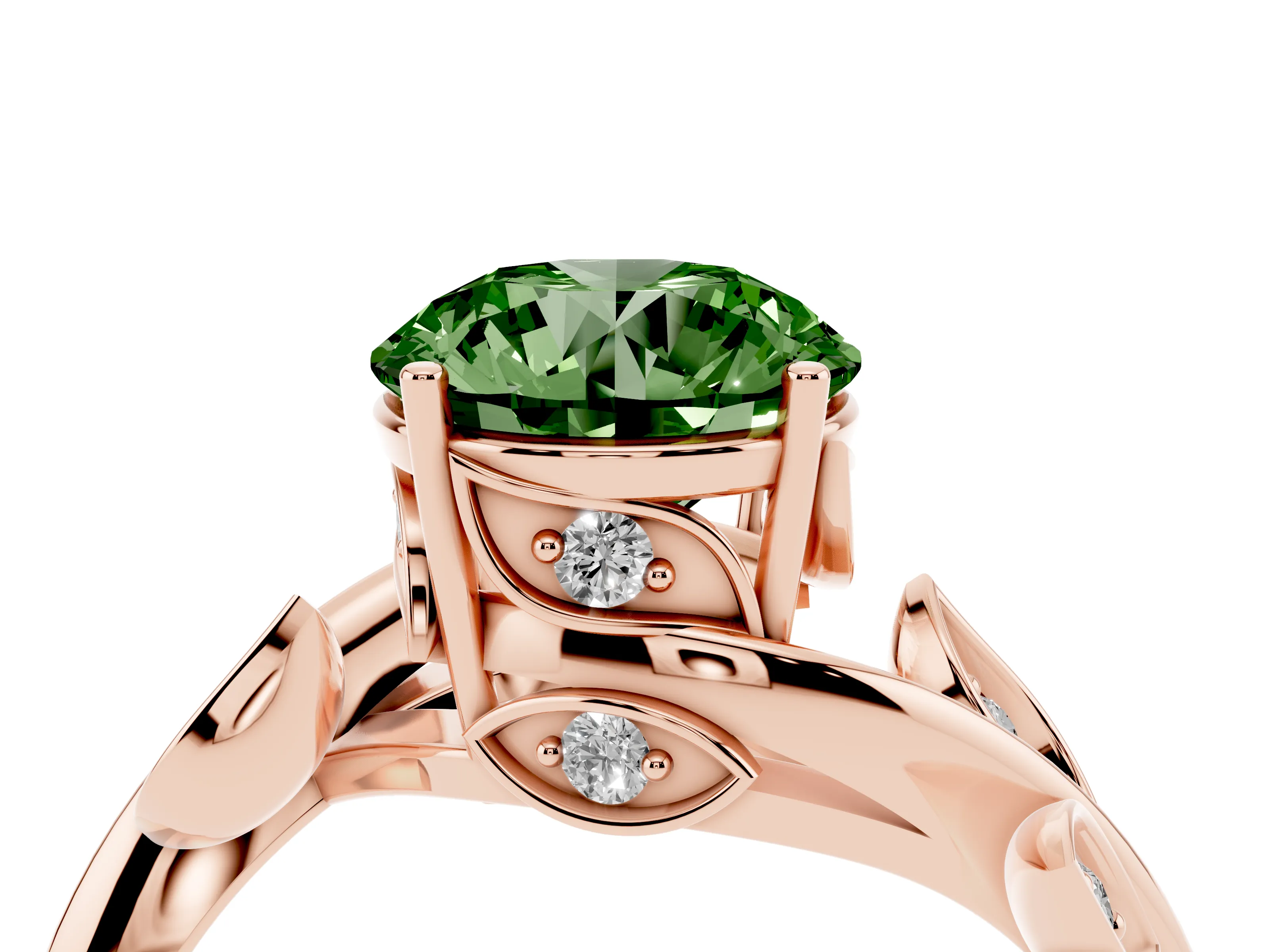 Fancy Green Round Cut Diamond Solitaire Twist Engagement Ring Set in Rose gold with Pavé Leaf Accents