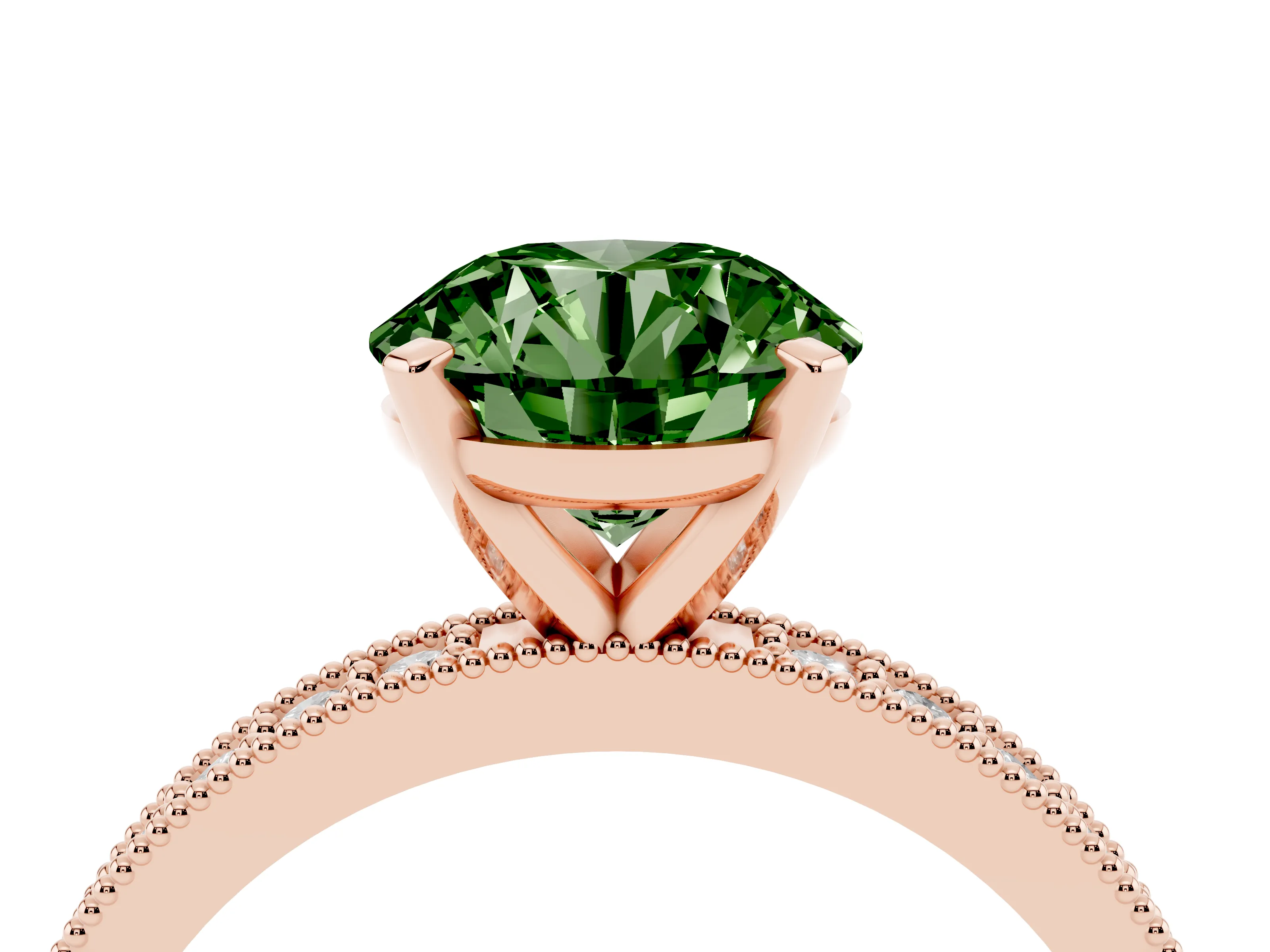 Fancy Green Round Cut Diamond Milgrain Pavé Engagement Ring Set in Rose gold with Prong Setting