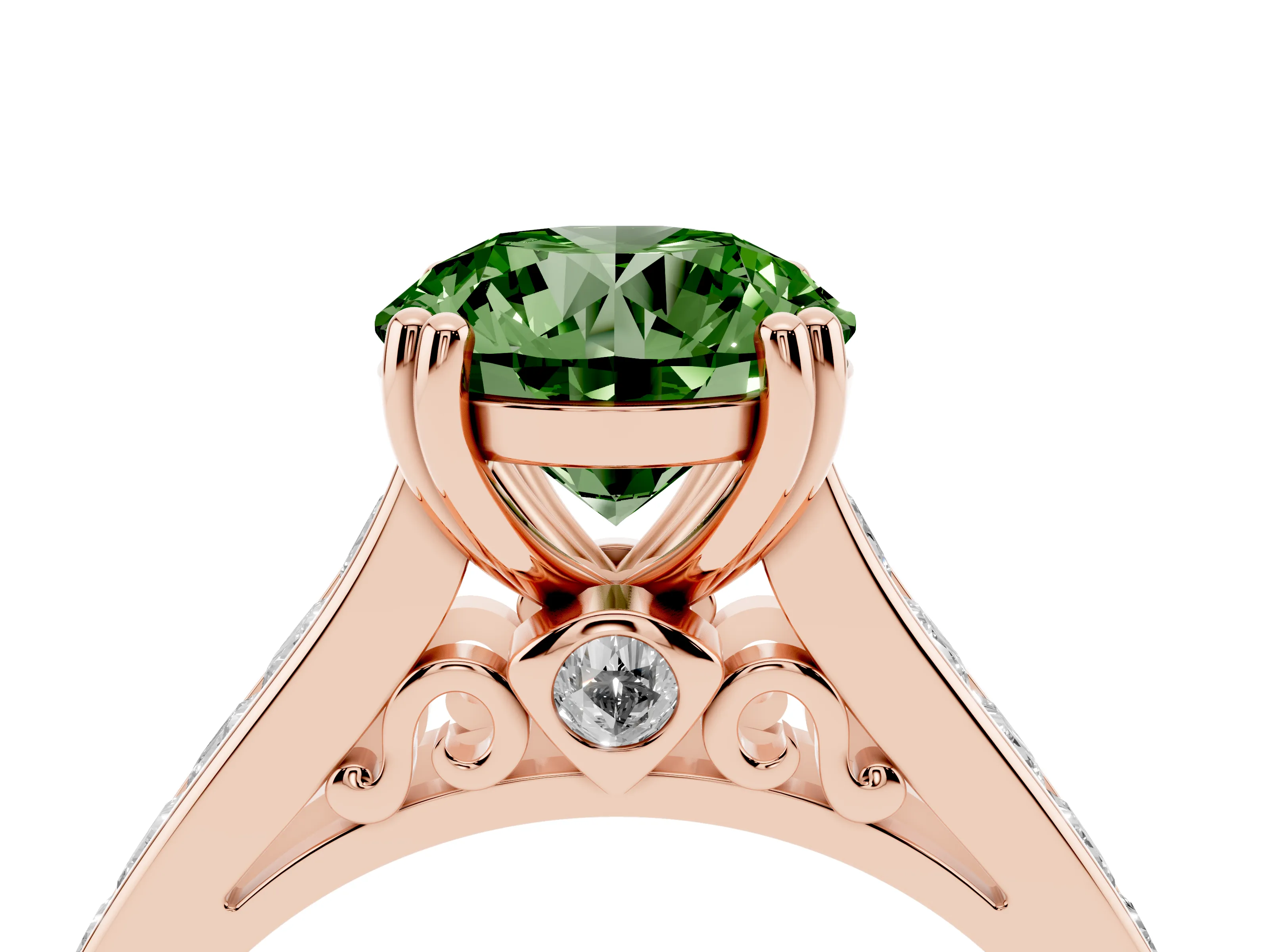 Fancy Green Round Cut Diamond Channel Set Solitaire Engagement Ring Set in Rose gold with Prong Setting