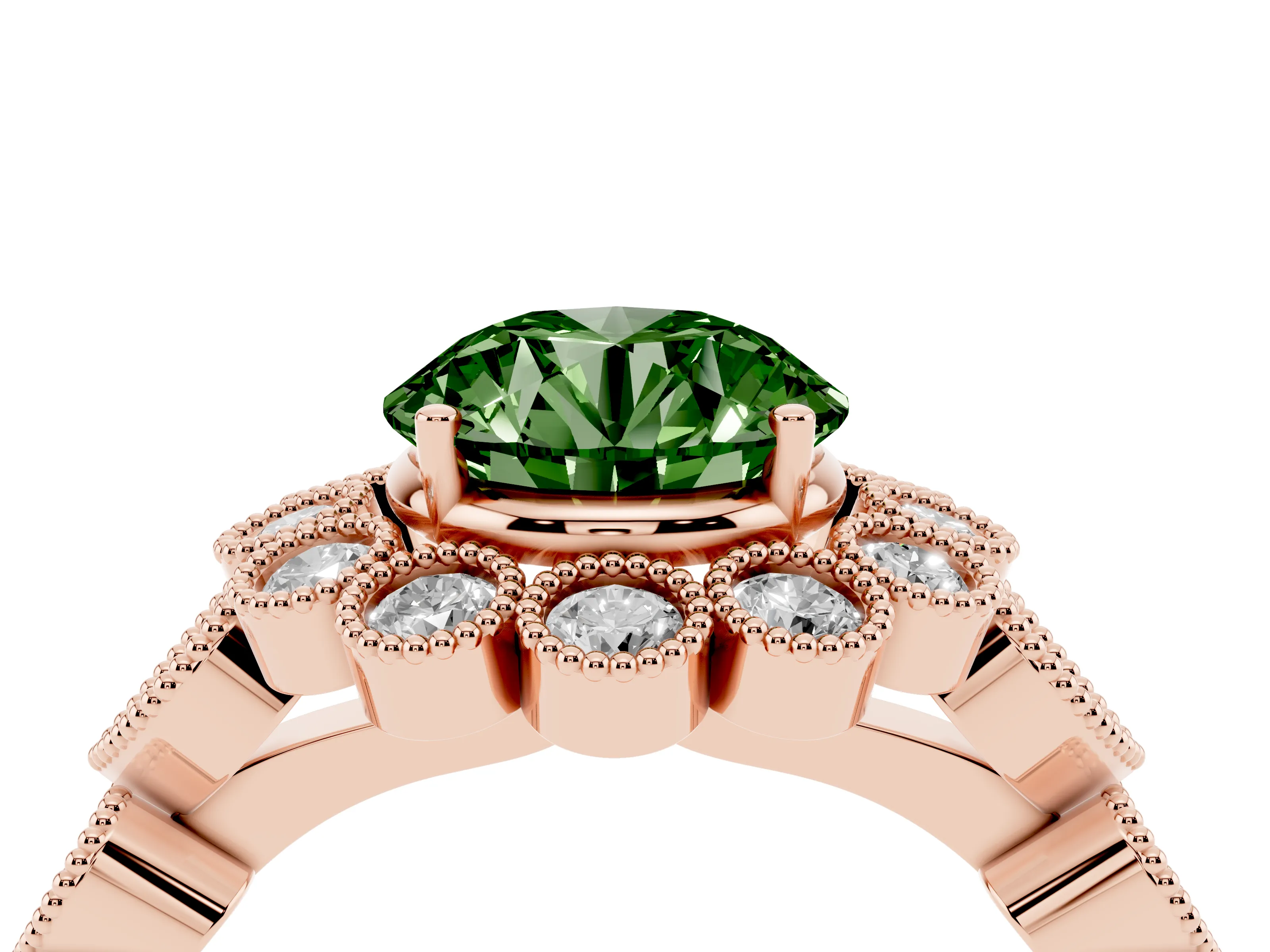 Fancy Green Round Cut Diamond Solitaire Ring Set in Rose gold with Milgrain Pavé Heart Band