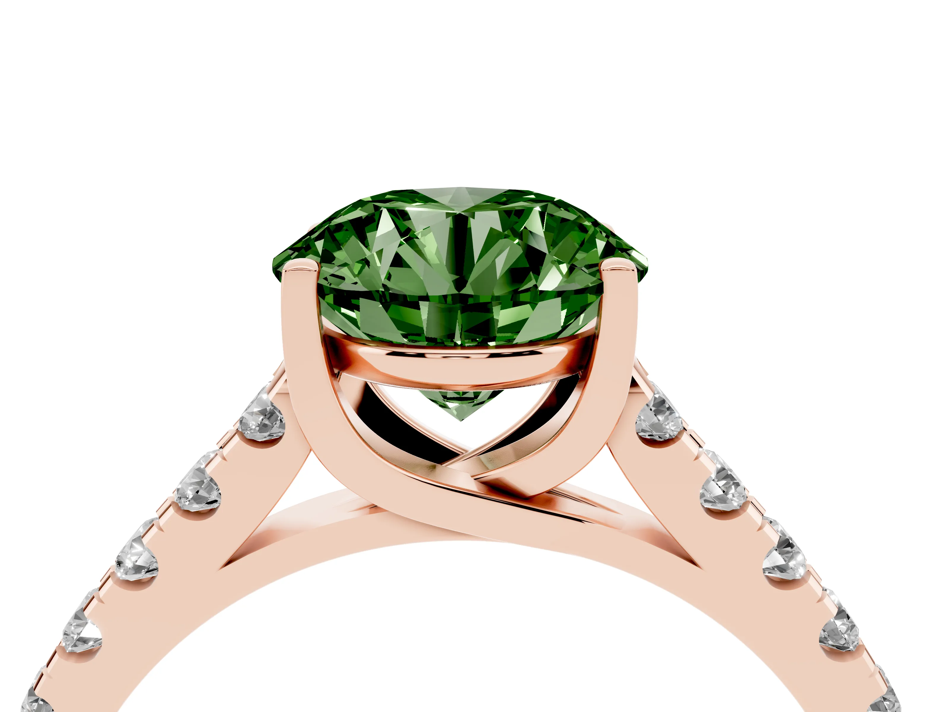 Fancy Green Round Cut Diamond Pavé Band Solitaire Ring Set in Rose gold with Partway Accent Stones and Prong Setting