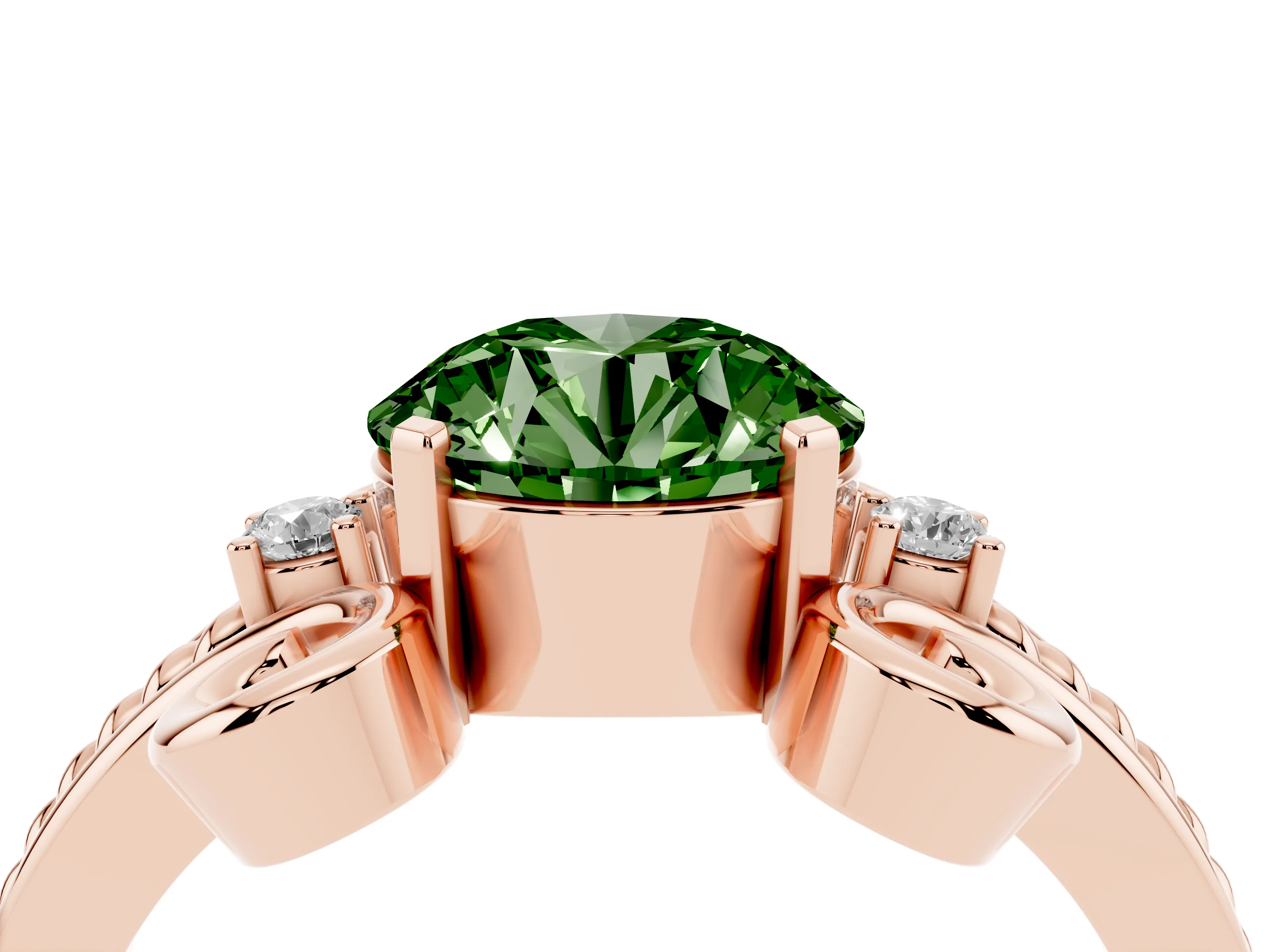 Fancy Green Round Cut Diamond Twisted Band Solitaire Ring Set in Rose gold with Scroll Prongs