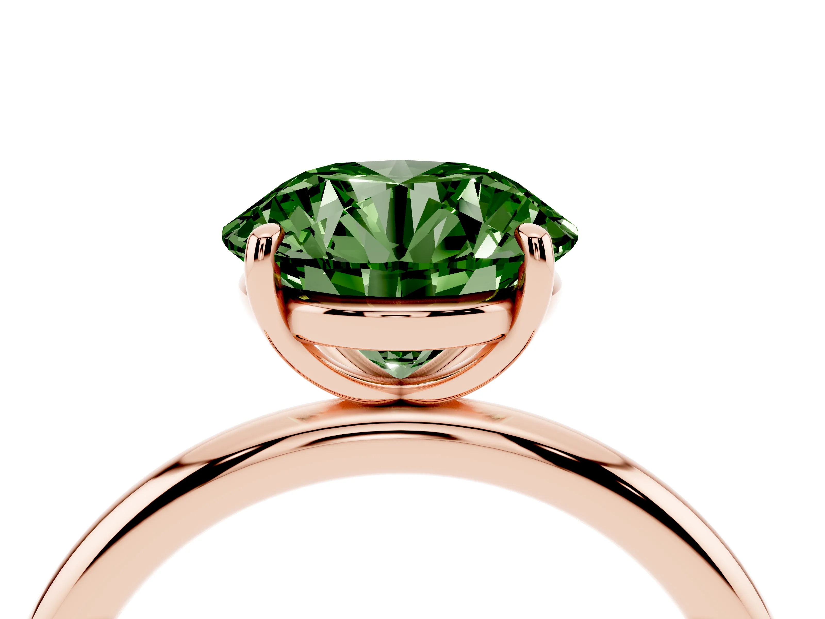 Fancy Green Round Cut Diamond Solitaire Ring Set in Rose gold with Prong Setting on a Polished Plain Band