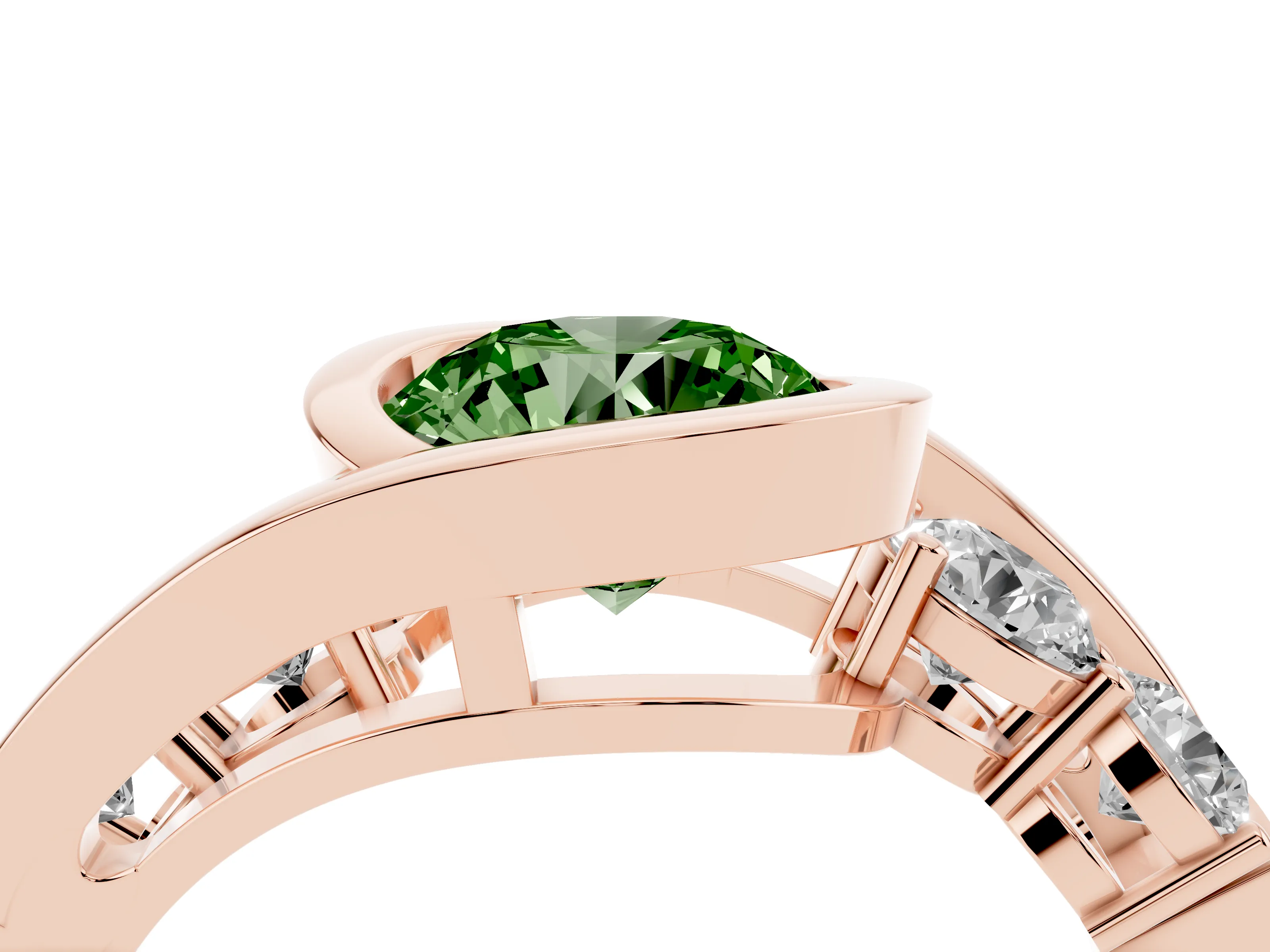 Fancy Green Round Cut Diamond Bezel Bypass Ring Set in Rose gold with Round Accents