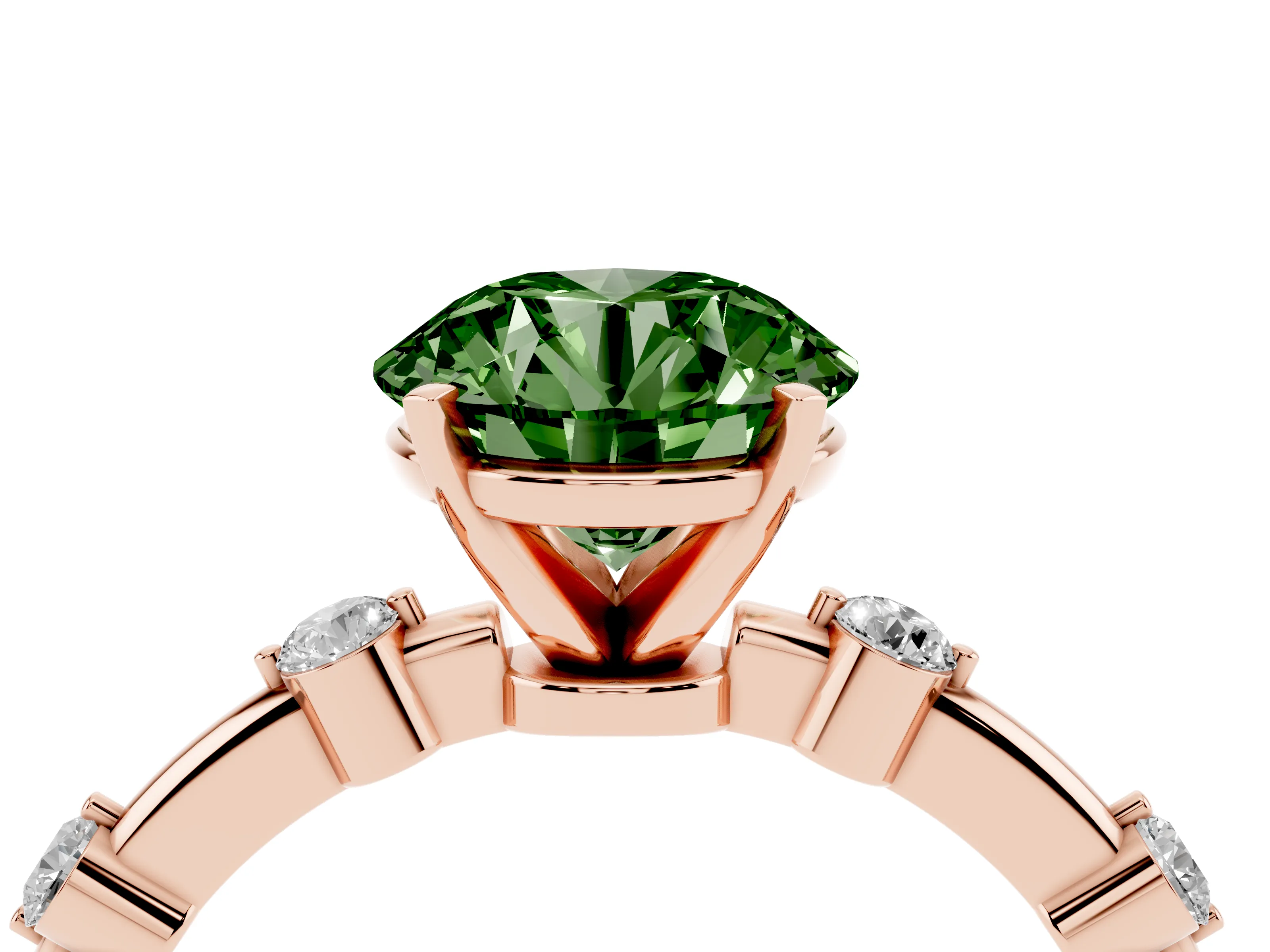 Fancy Green Round Cut Diamond Solitaire Ring Set in Rose gold with Bezel Set Side Stones and Prong Setting