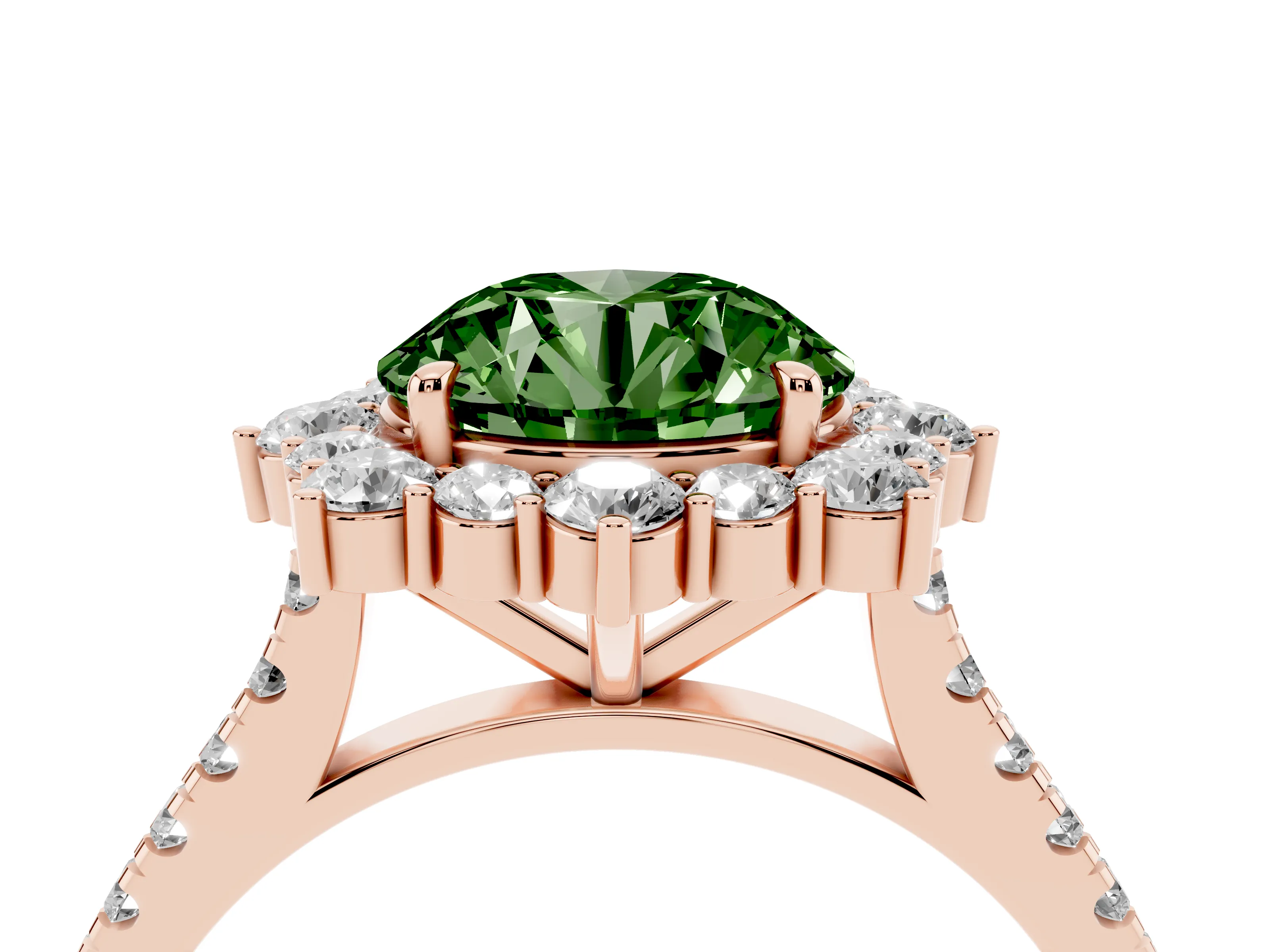 Fancy Green Round Cut Diamond Halo Ring Set in Rose gold with Pavé Band and Prong Setting