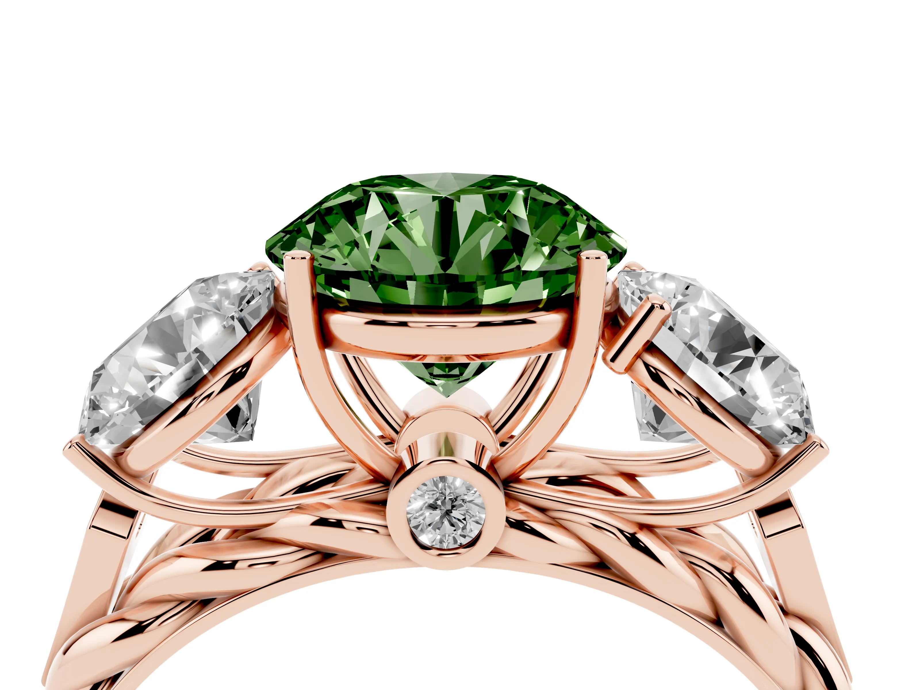 Fancy Green Round Cut Diamond Three-Stone Ring Set in Rose gold with Braided Band