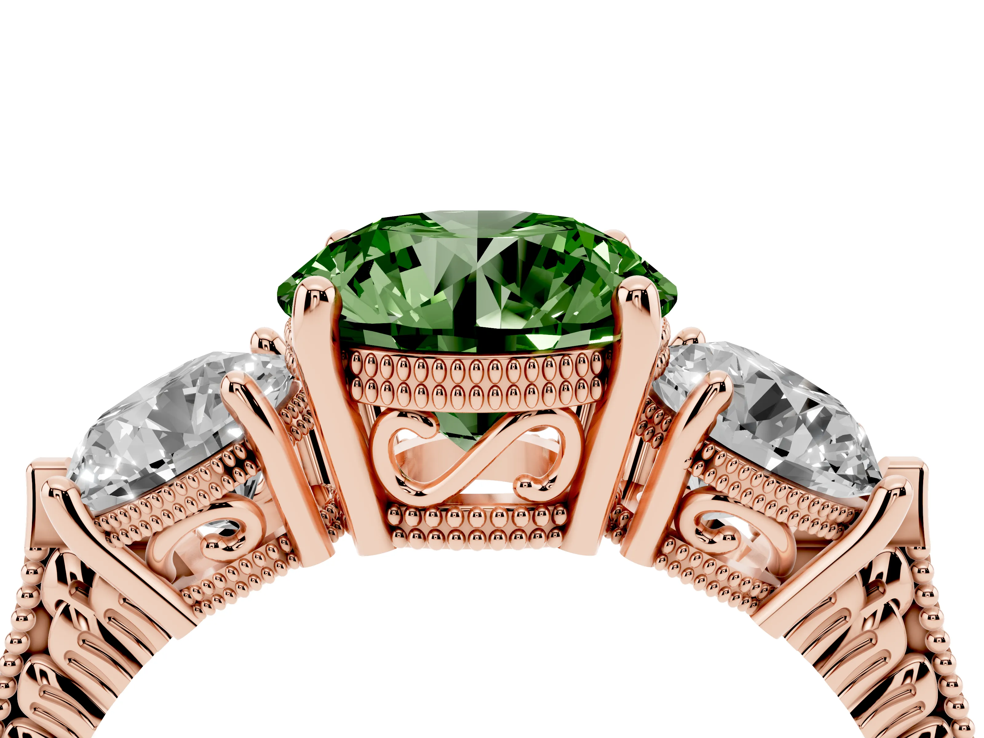 Fancy Green Round Cut Diamond Three-Stone Ring Set in Rose gold with Milgrain Band