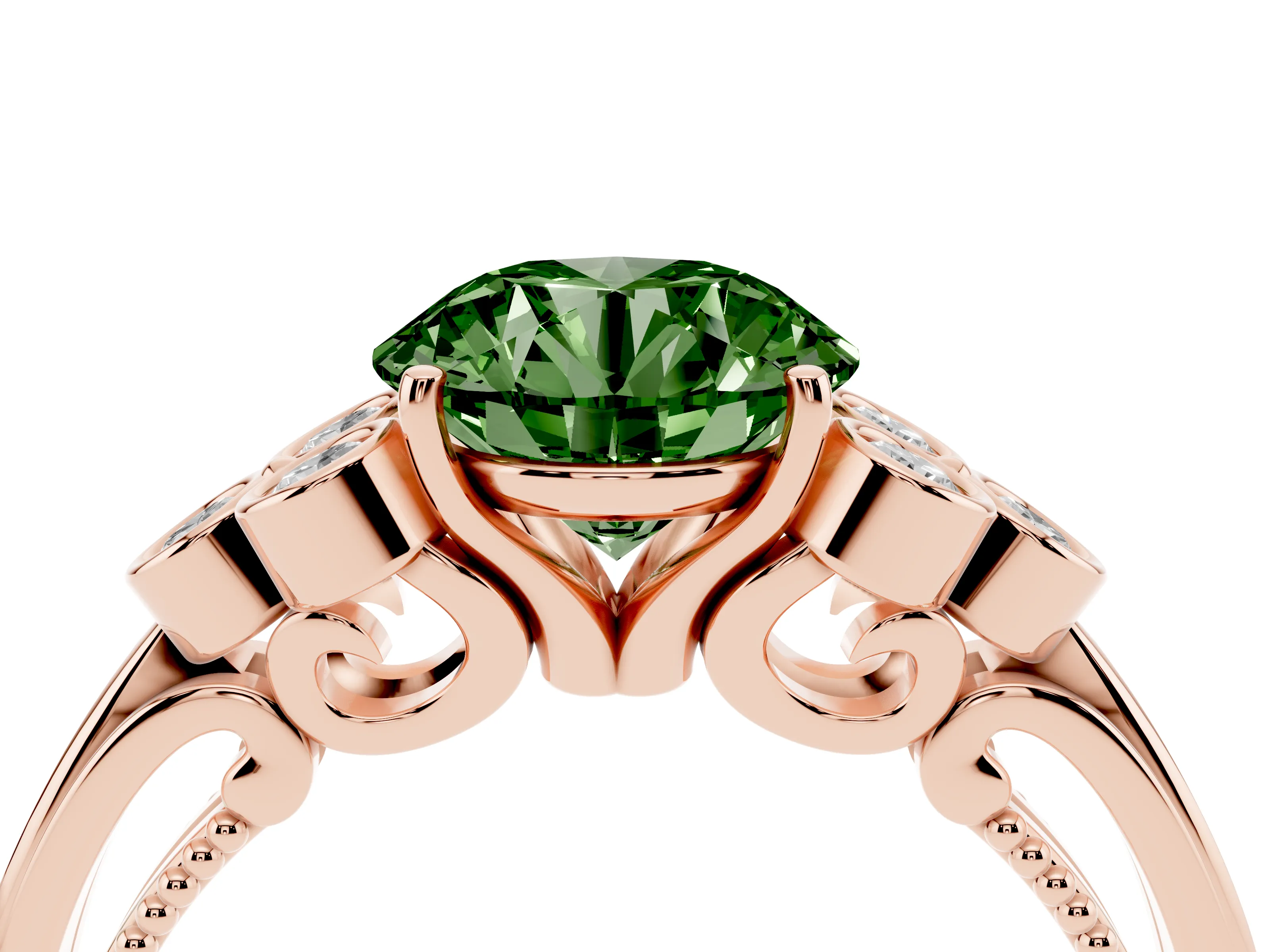 Fancy Green Round Cut Diamond Engagement Ring Set in Rose gold with Bezel Set Round Side Stones and Prong Setting