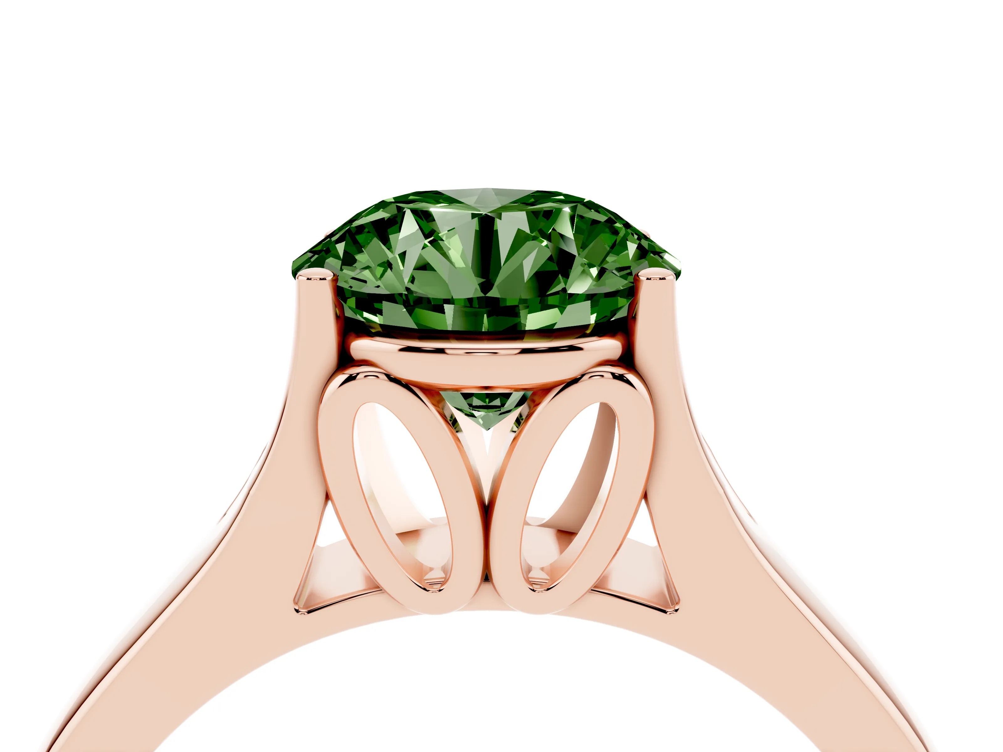 Fancy Green Round Cut Diamond Solitaire Ring Set in Rose gold with Arched Cathedral Band and Prong Setting