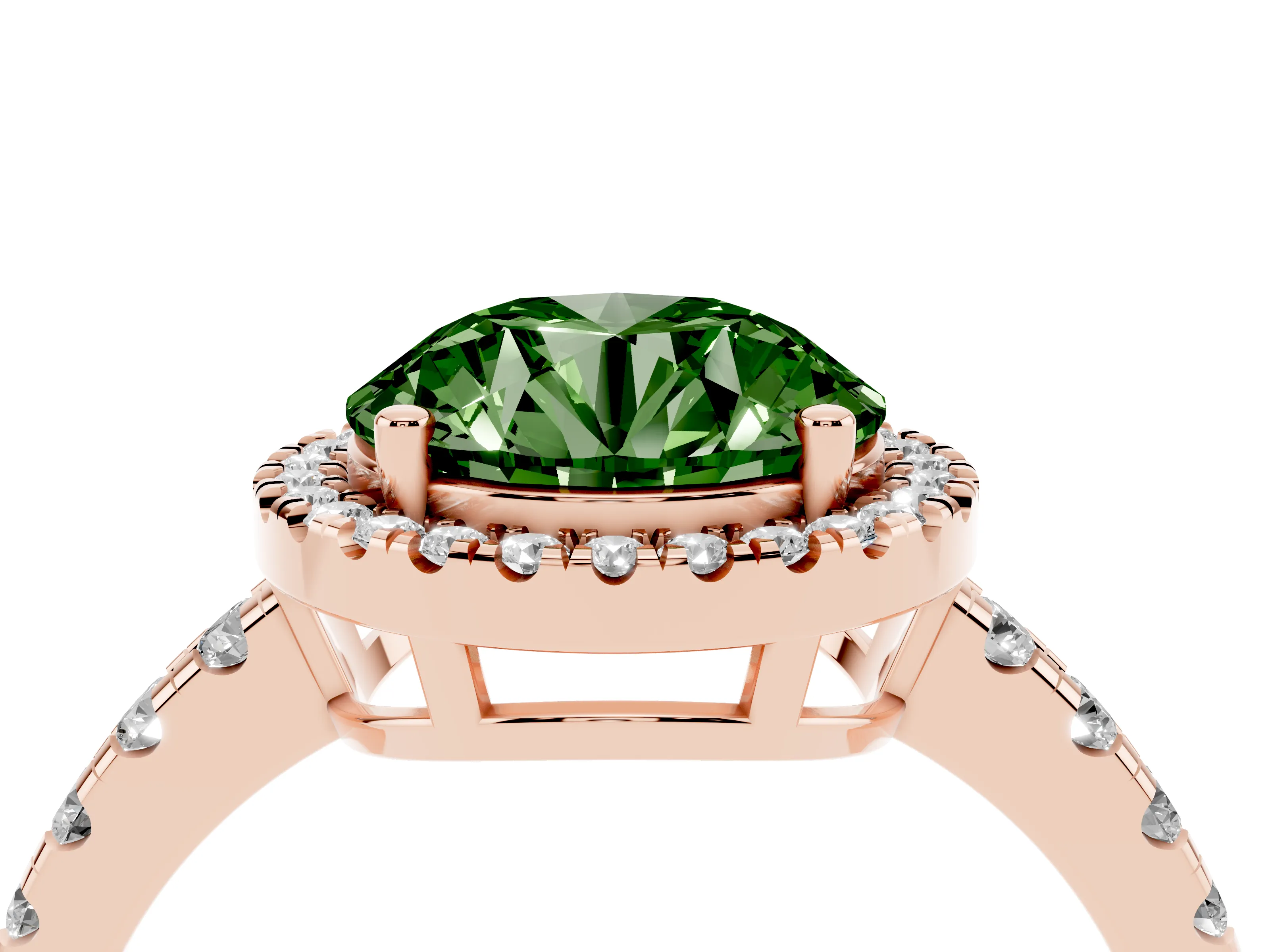Fancy Green Round Cut Diamond Halo Ring Set in Rose gold with Delicate Pavé Band and Prong Setting