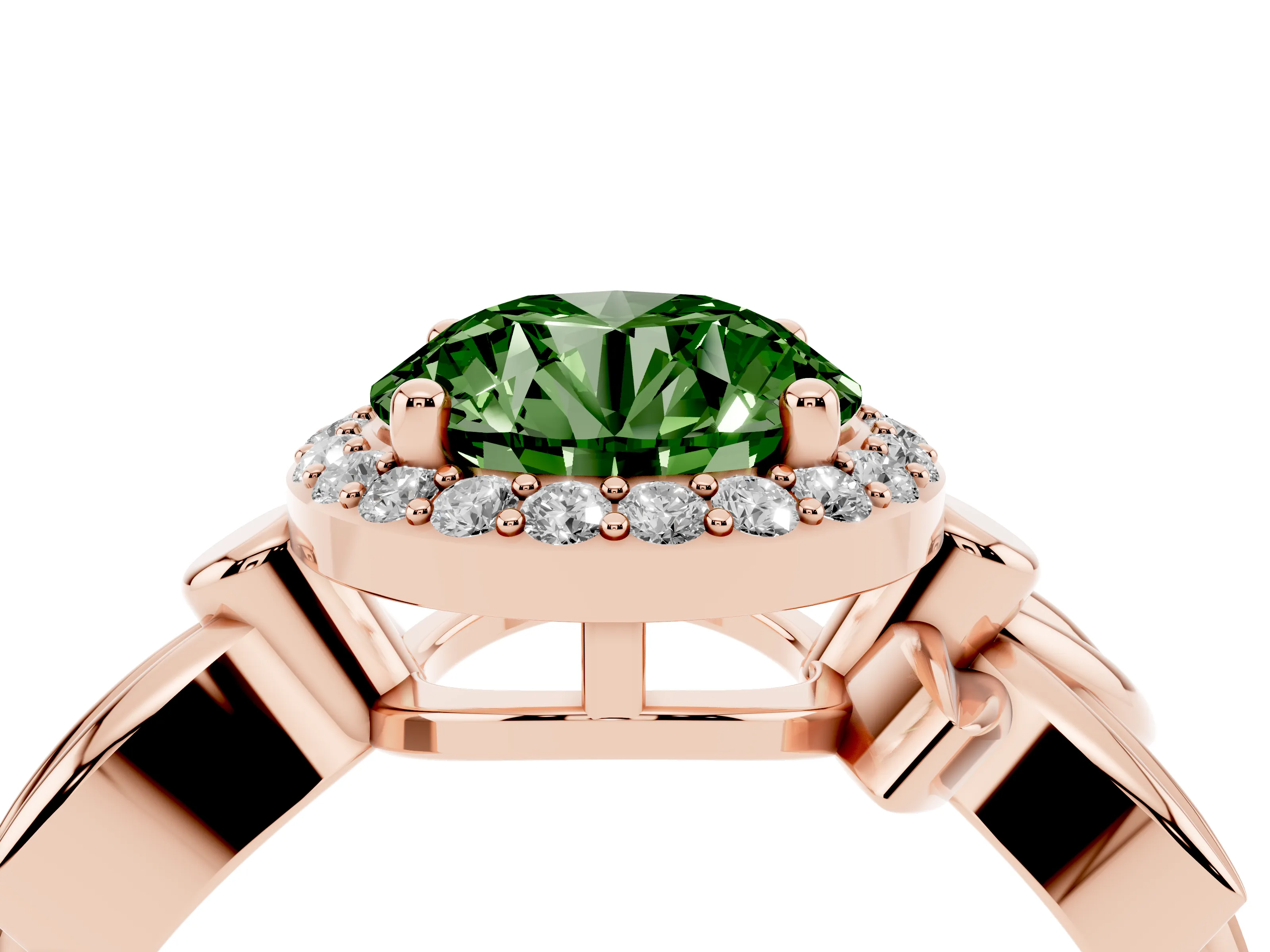 Fancy Green Round Cut Diamond Halo Floral Band Ring Set in Rose gold with Prong Setting