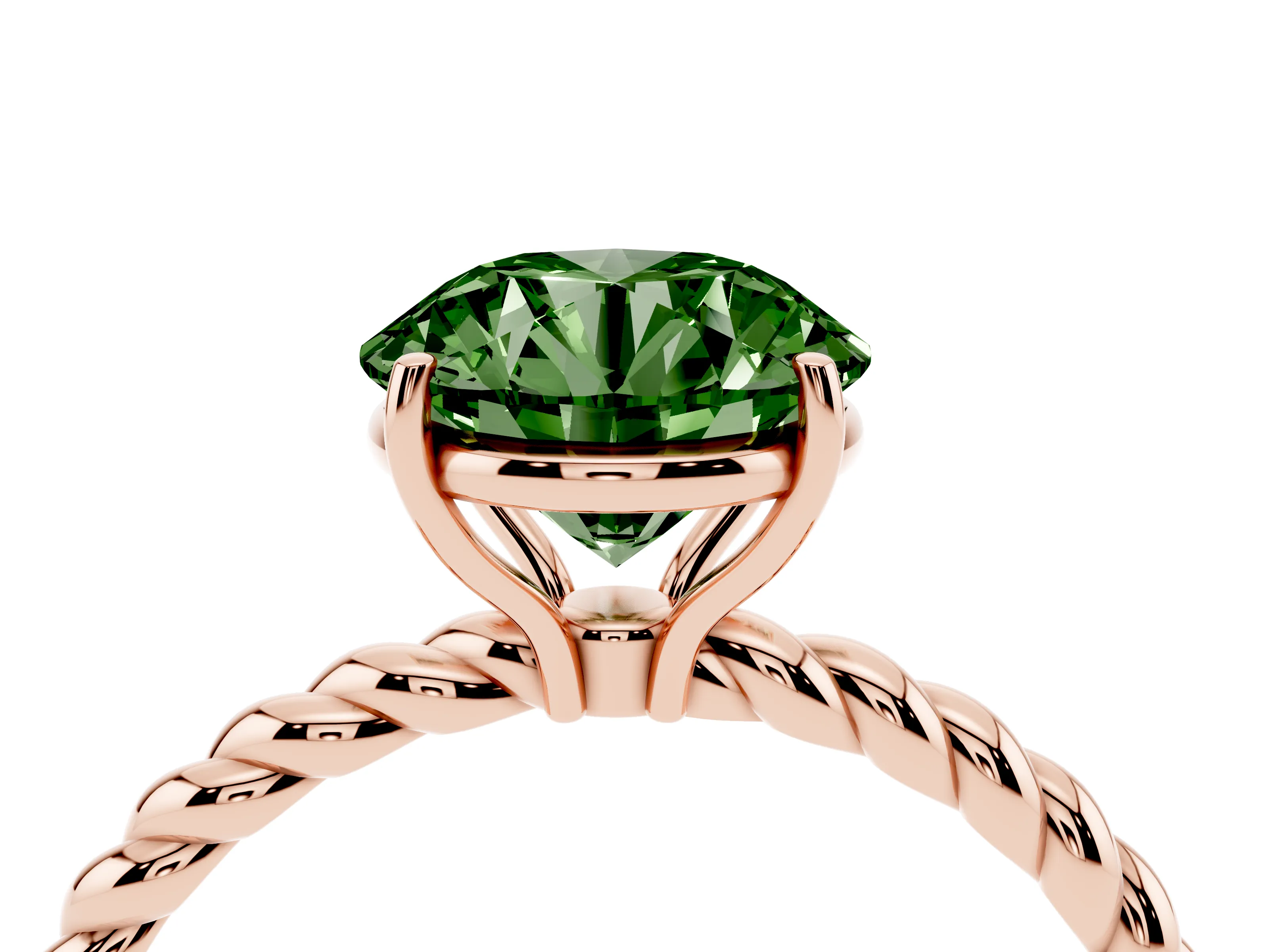 Fancy Green Round Cut Diamond Solitaire Ring Set in Rose gold with Twist Band and Prong Setting