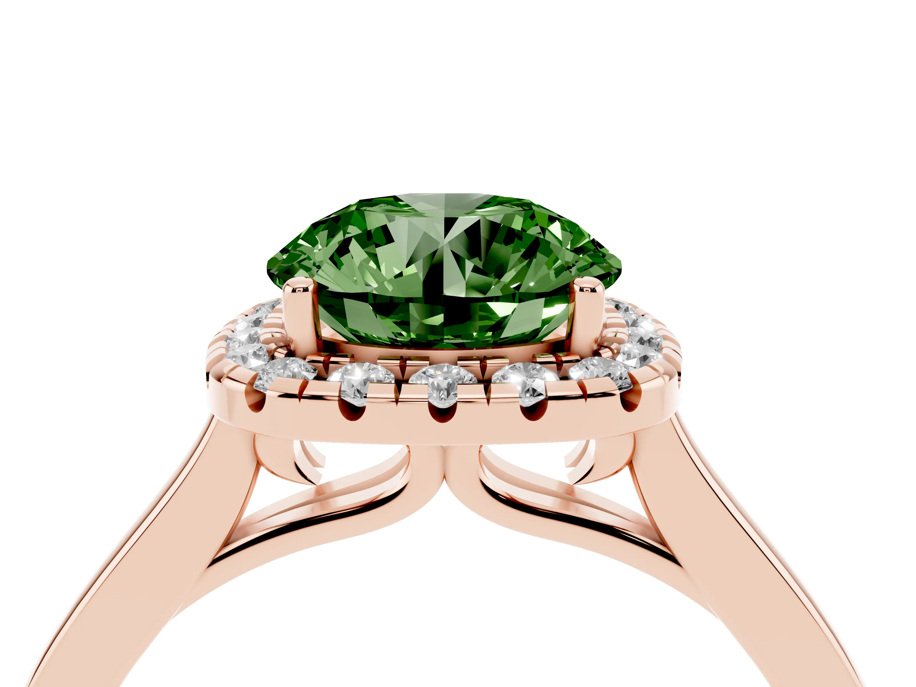 Fancy Green Round Cut Halo Round Diamond Solitaire Ring Set in Rose gold with Pavé Band and Prong Setting