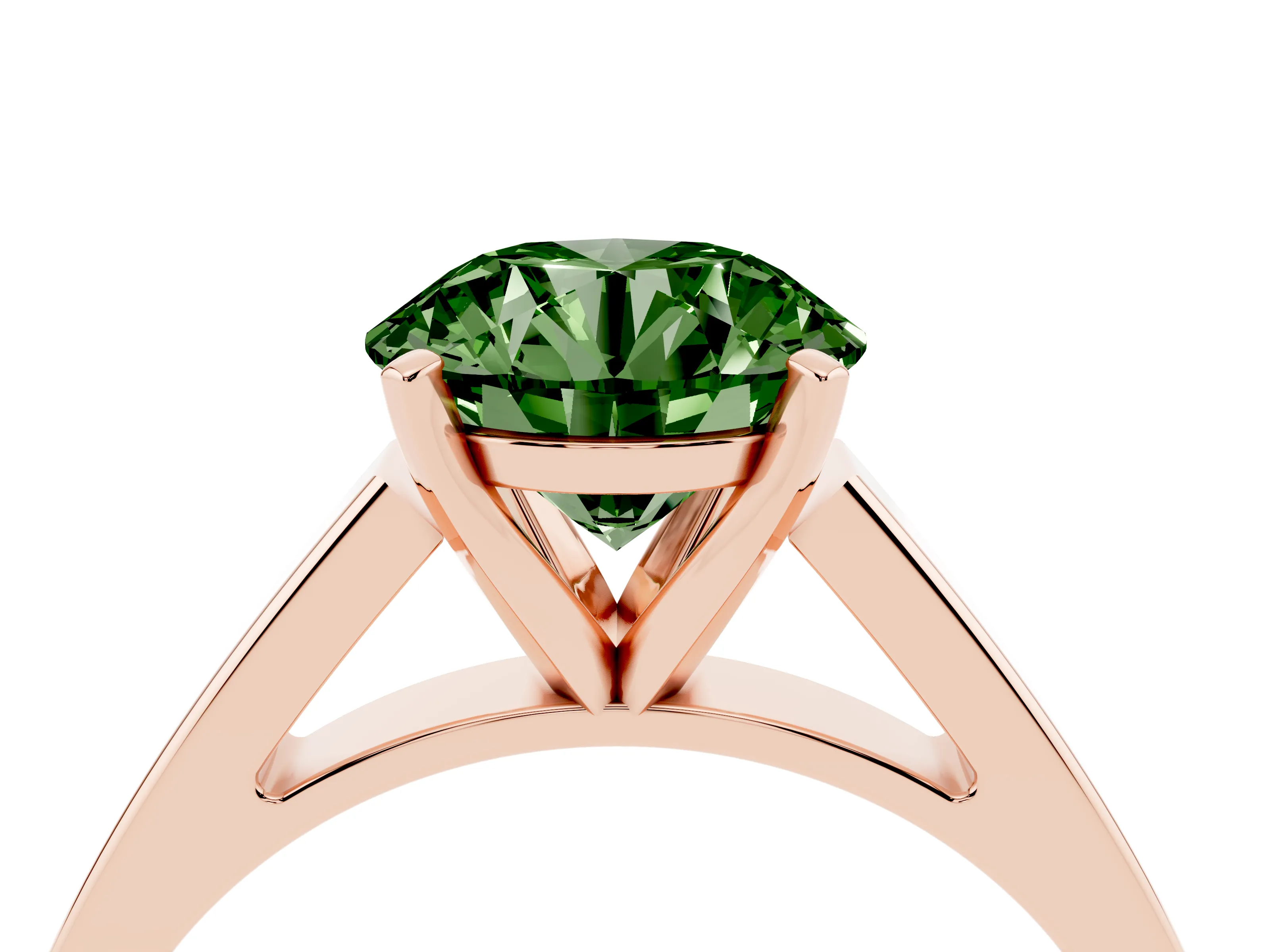 Fancy Green Round Cut Diamond Solitaire Engagement Ring Set in Rose gold with Prong Setting and Tapered Band