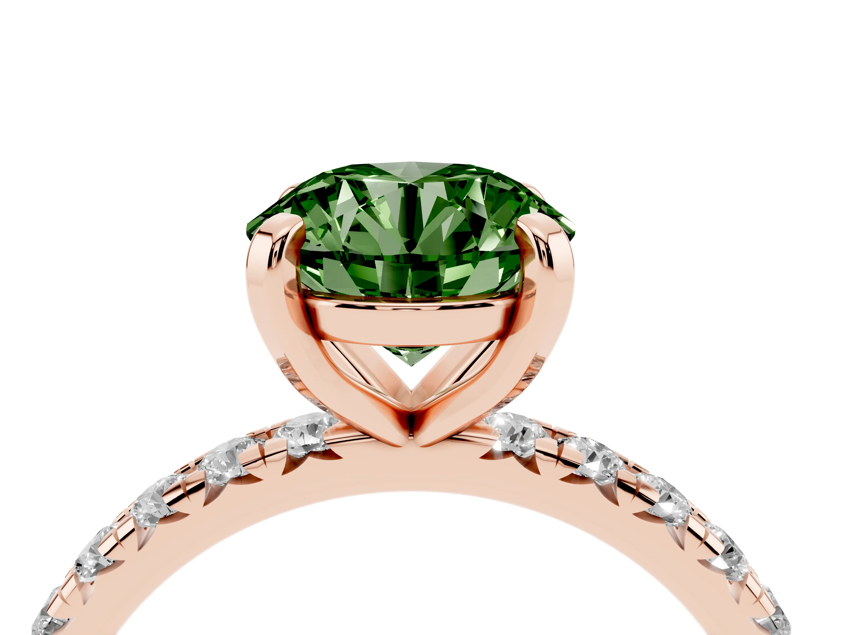 Fancy Green Round Cut Diamond Pavé Solitaire Ring Set in Rose gold with Round Band and Prong Setting