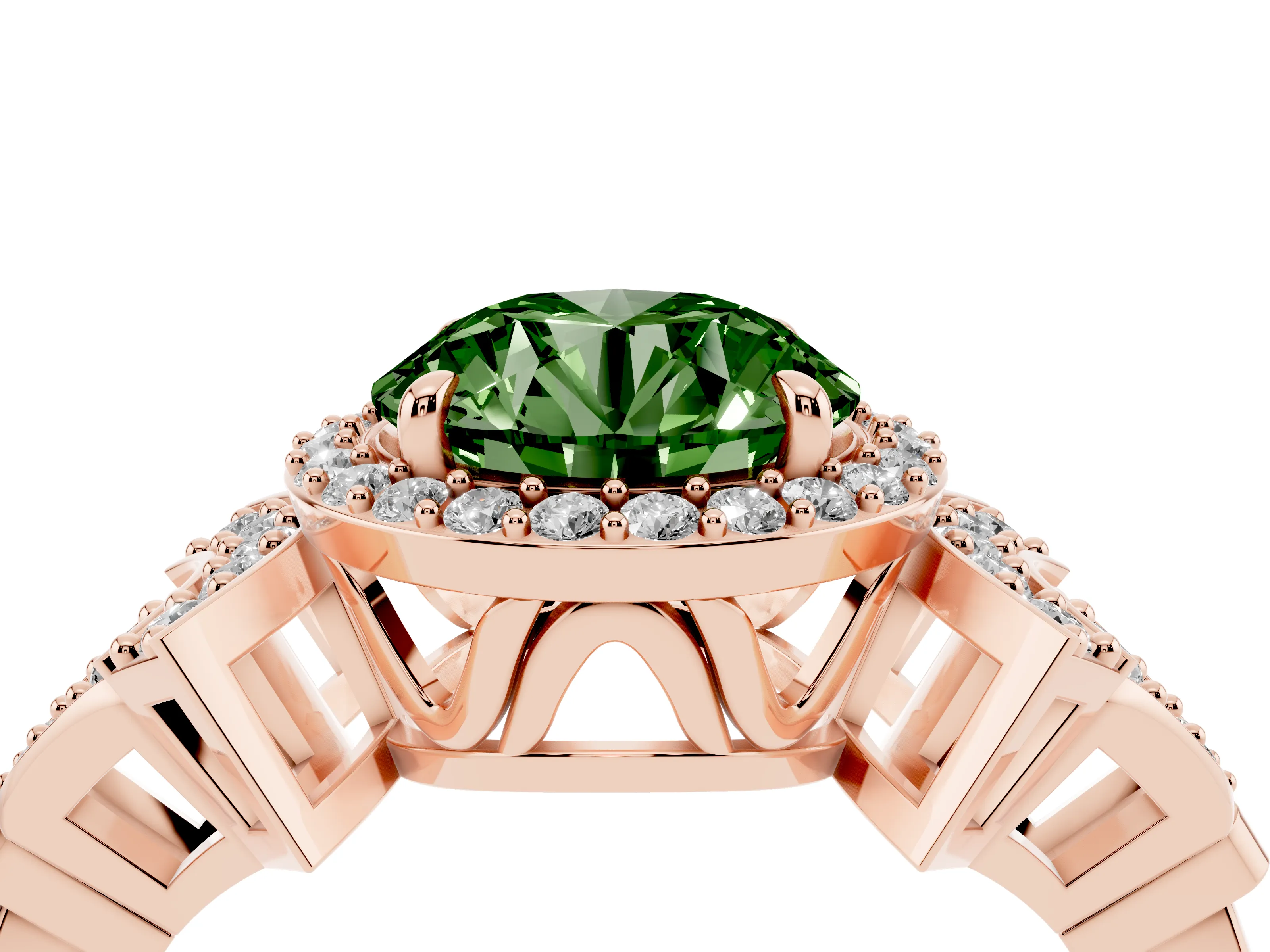Fancy Green Round Cut Diamond Halo Engagement Ring Set in Rose gold with Accent Stone Split Shank