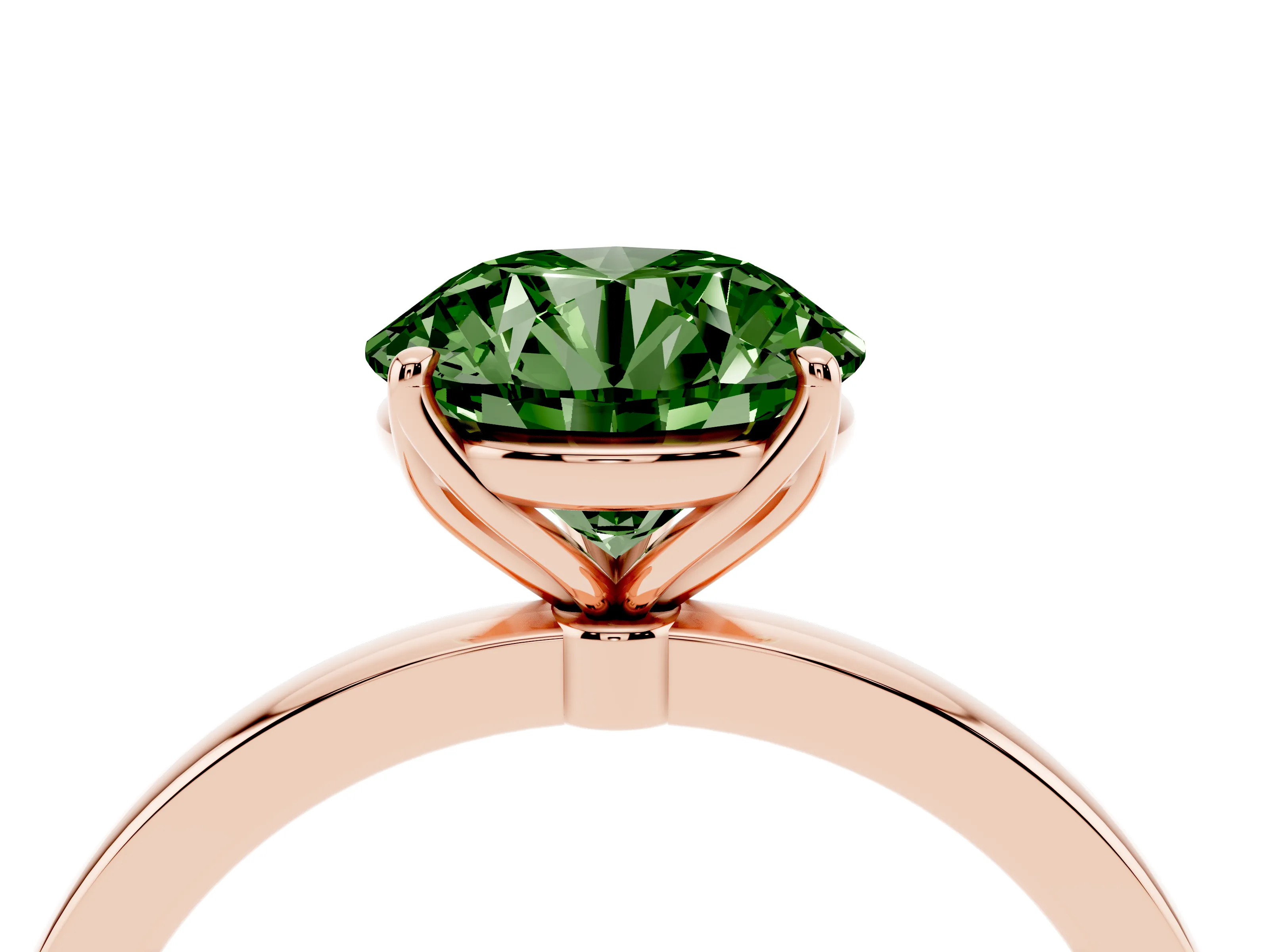 Fancy Green Round Cut Diamond Solitaire Ring Set in Rose gold with Prong Setting and Thin Polished Band