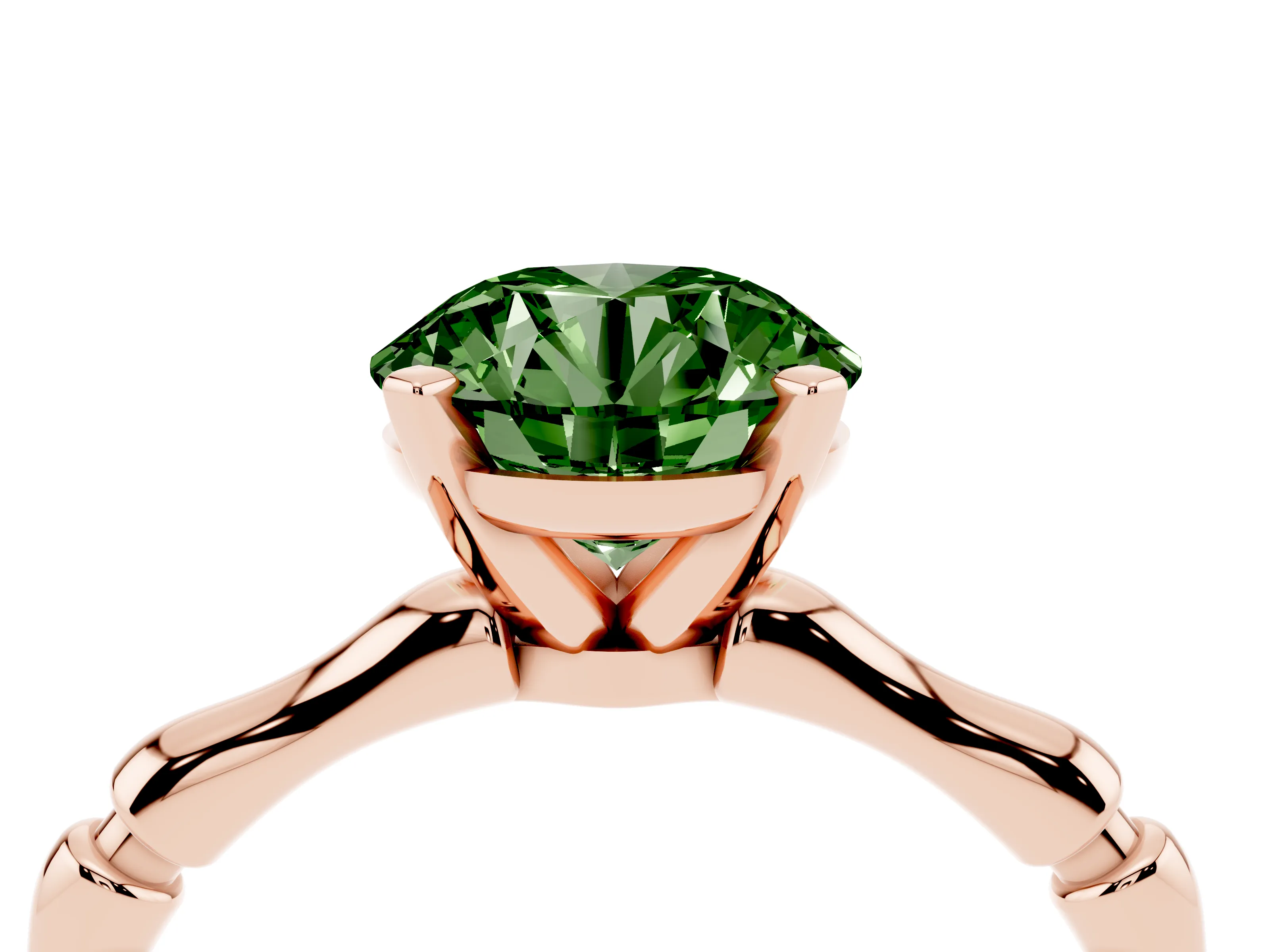 Fancy Green Round Cut Diamond Solitaire Ring Set in Rose gold with Bamboo Band and Prong Setting