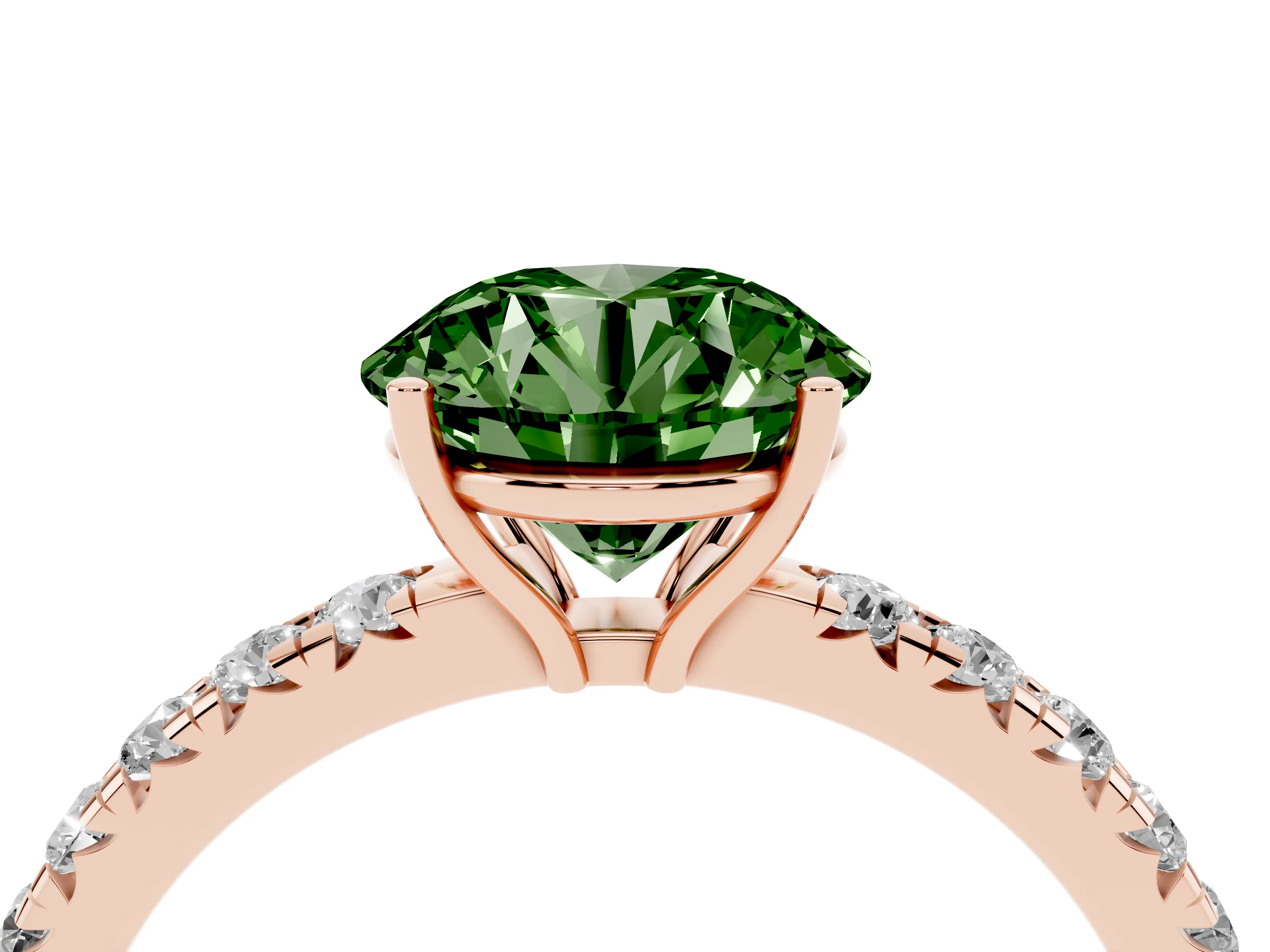 Fancy Green Round Cut Diamond Pavé Solitaire Engagement Ring Set in Rose gold with Prong Setting
